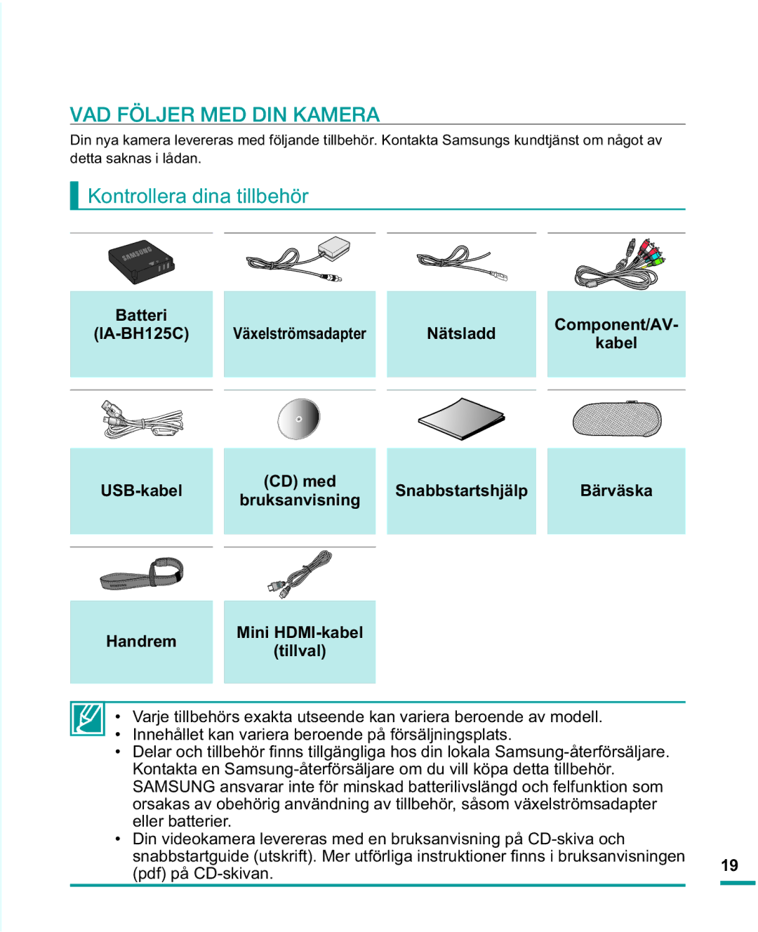 Samsung HMX-R10SP/EDC, HMX-R10BP/EDC manual Kontrollera dina tillbehör, Nätsladd, 86%NDEHO, 0LQL+0,NDEHO, Handrem Tillval 