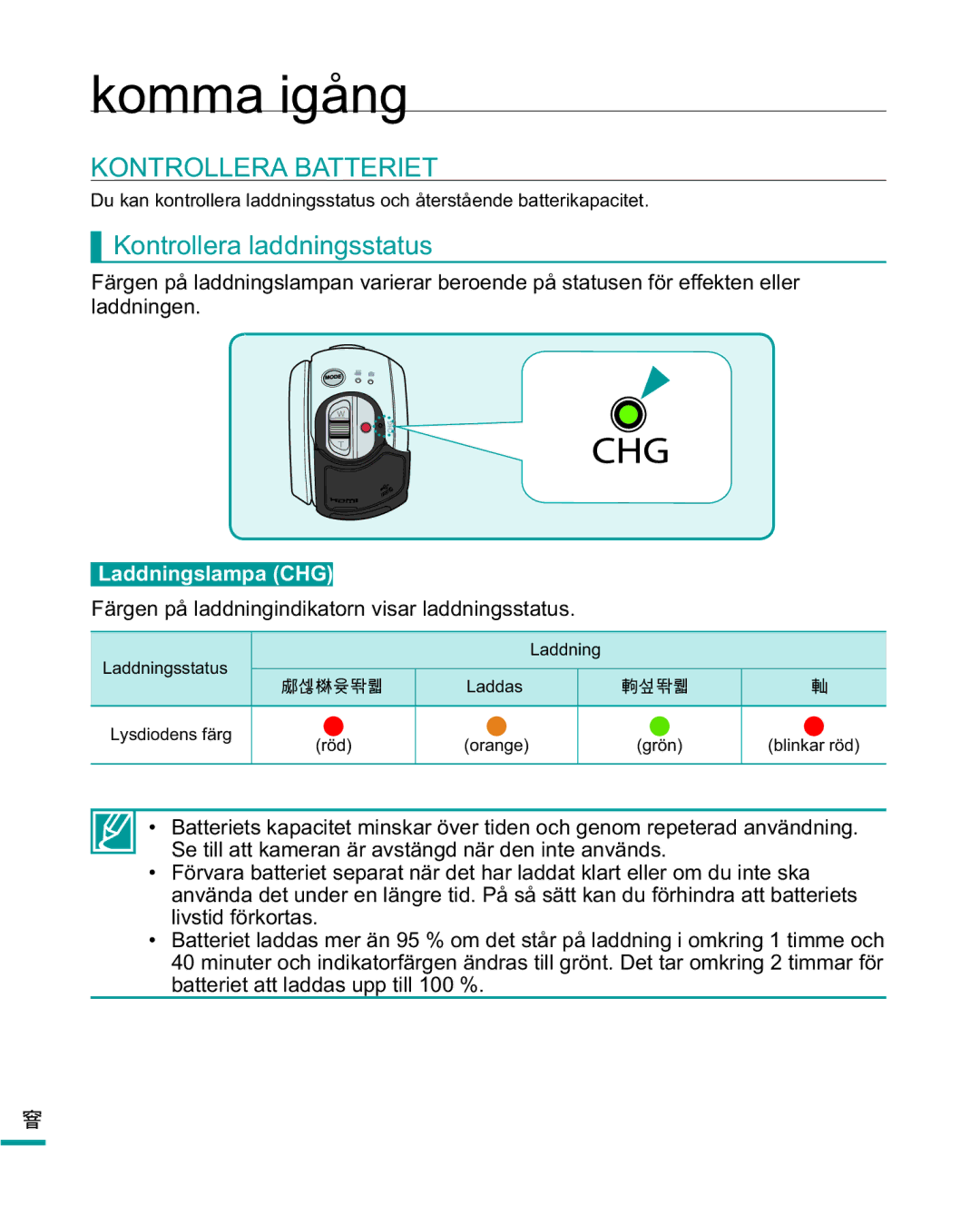 Samsung HMX-R10BP/EDC 21752//5$%$775,7, Kontrollera laddningsstatus, Färgen på laddningindikatorn visar laddningsstatus 