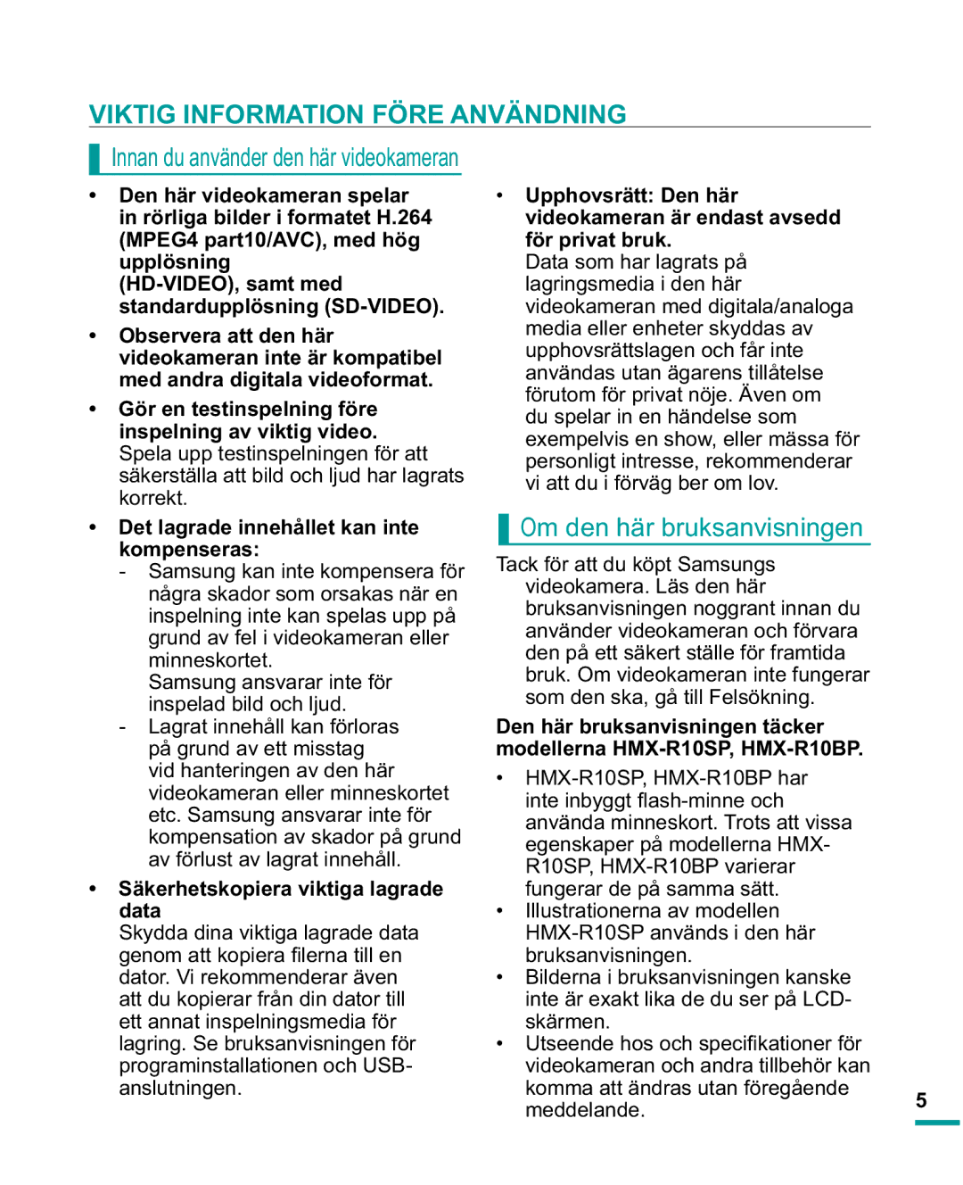 Samsung HMX-R10SP/EDC ,1250$7,21g5$19b11,1, Om den här bruksanvisningen, Data, HMX-R10SP, HMX-R10BP har, Meddelande.5 