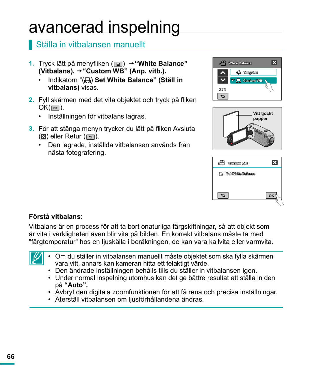 Samsung HMX-R10BP/EDC, HMX-R10SP/EDC Ställa in vitbalansen manuellt, Vitbalans. t³&XVWRP%´$QSYLWE, UVWnYLWEDODQV 