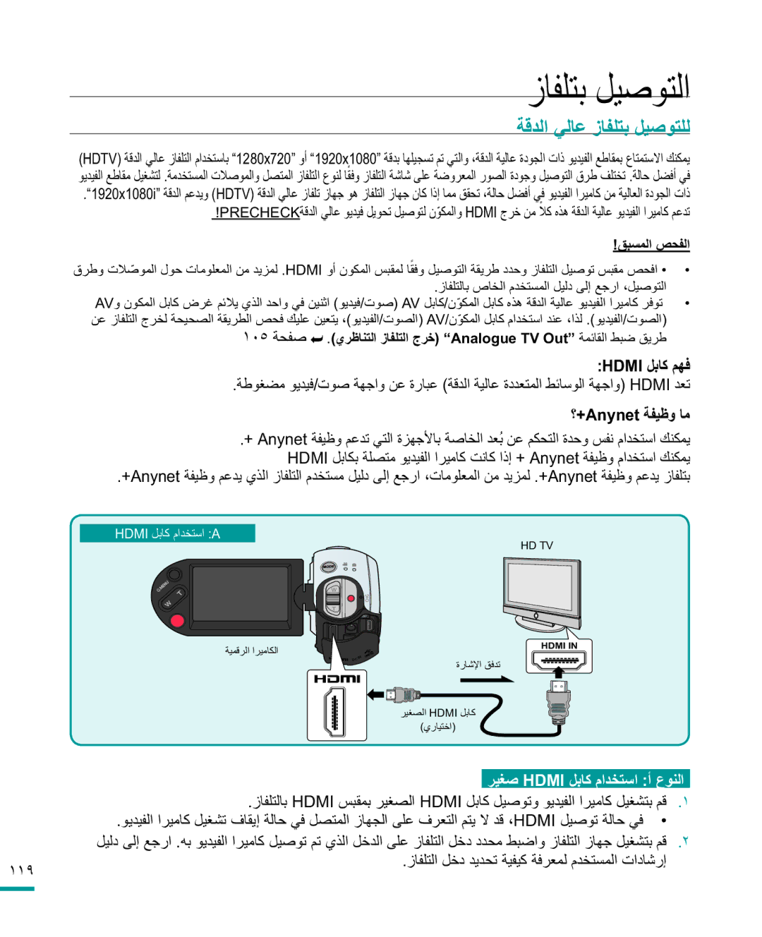 Samsung HMX-R10SP/AAW, HMX-R10BP/MEA manual ΊΎϔϠΘΑϞϴλϮΘϟ, ΔϗΪϟϲϟΎϋίΎϔϠΘΑϞϴλϮΘϠϟ, HDMIϞΑΎϛϢϬϓ, $Q\QHWΔϔϴχϭΎϣ, ˺˺̂ 