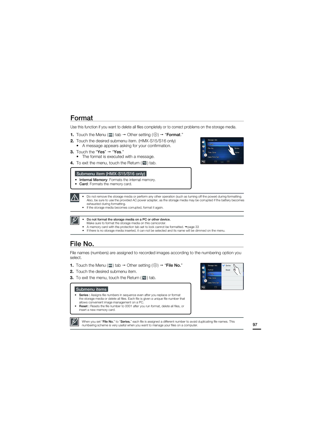 Samsung HMX-S15, HMX-S10, HMX-S16 user manual Format, File No 