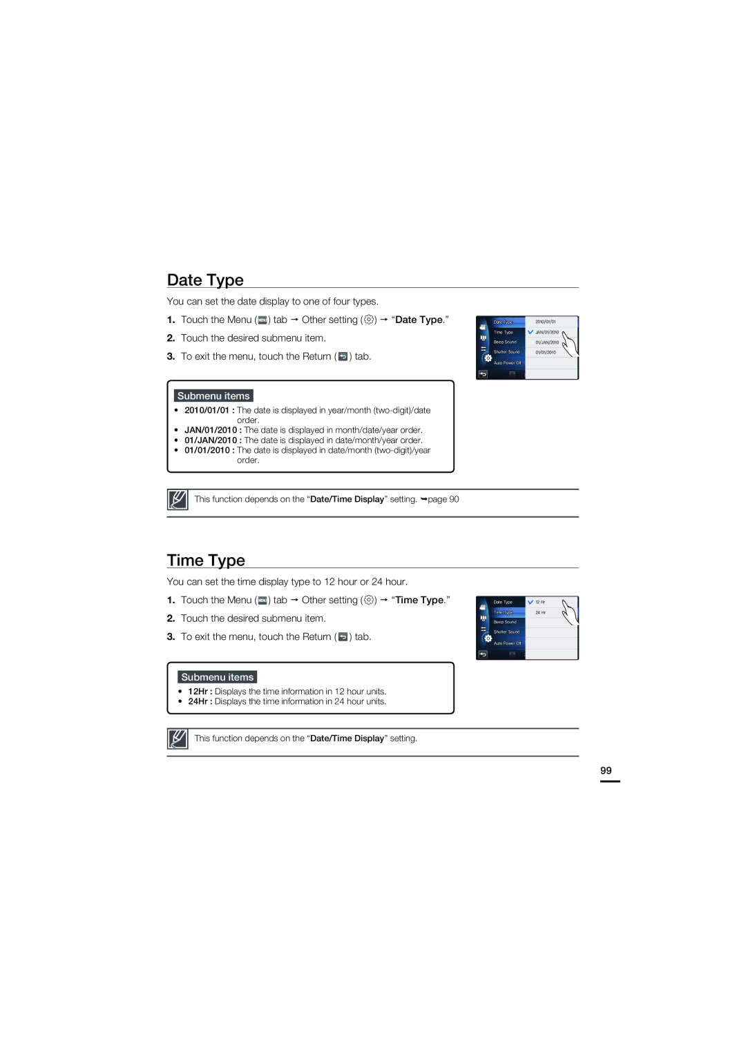 Samsung HMX-S16, HMX-S10, HMX-S15 user manual Date Type, Time Type 