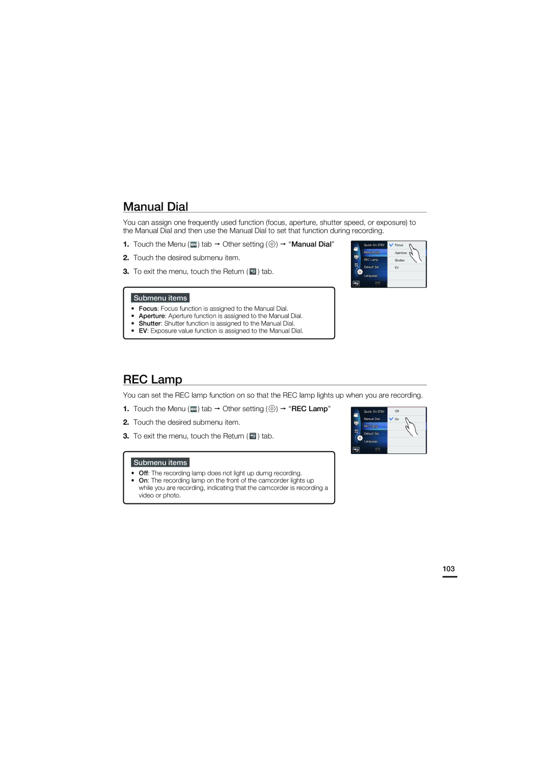 Samsung HMX-S15, HMX-S10, HMX-S16 user manual Manual Dial, REC Lamp, 103 