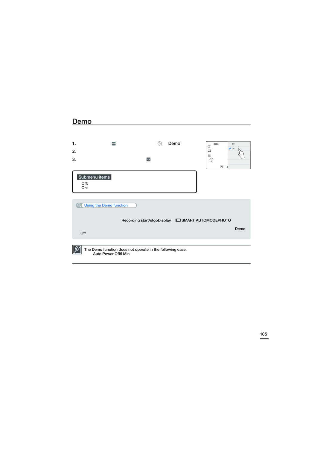 Samsung HMX-S16, HMX-S10, HMX-S15 user manual 105, Off Disables the function On Enables the Demo function 