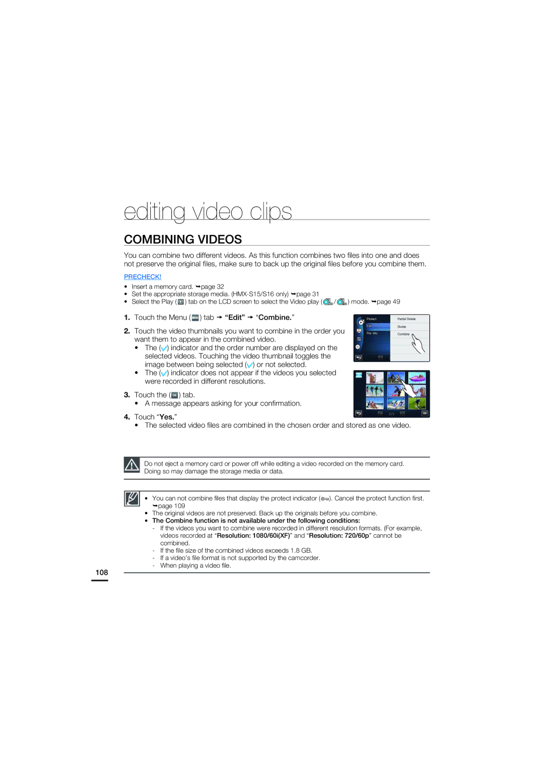 Samsung HMX-S16, HMX-S10, HMX-S15 user manual Combining Videos, Touch the Menu tab Edit Combine, 108 