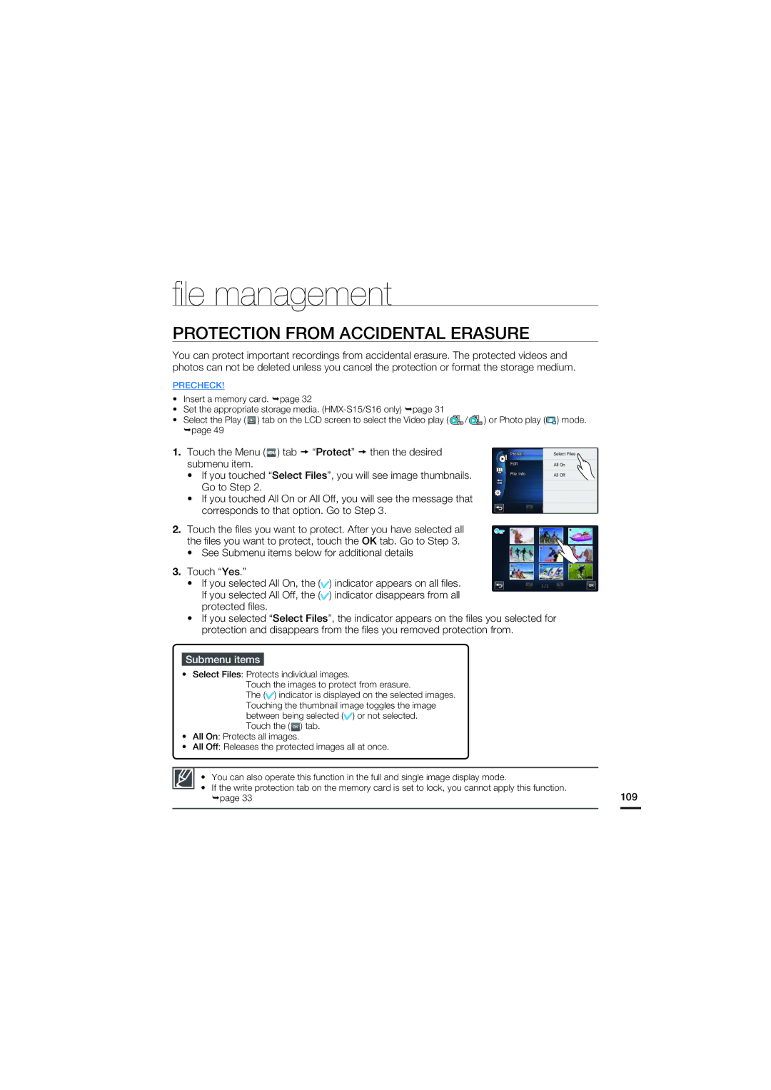 Samsung HMX-S15, HMX-S10 ﬁle management, Protection from Accidental Erasure, Touch the Menu tab Protect then the desired 