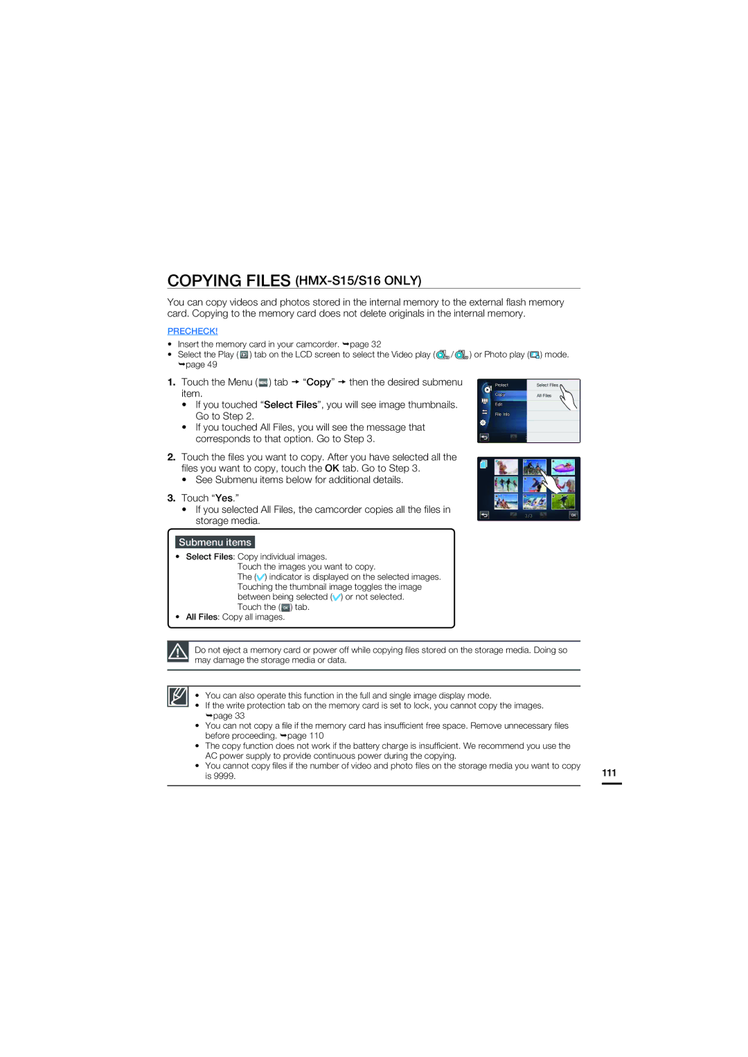 Samsung HMX-S16, HMX-S10 user manual Copying Files HMX-S15/S16 only 