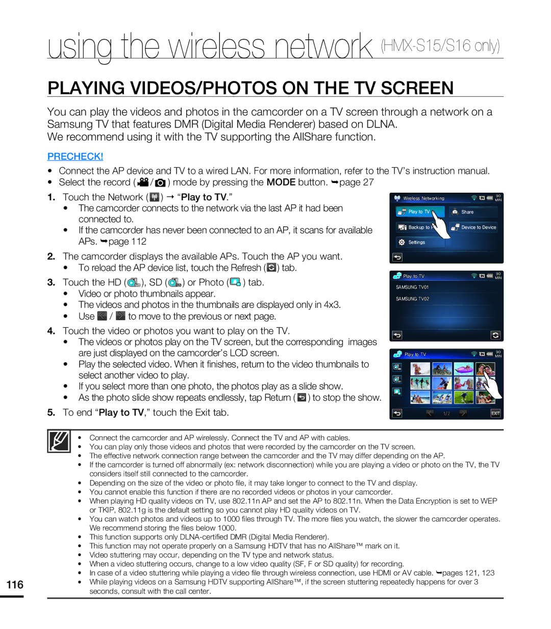 Samsung HMX-S10, HMX-S16 user manual Using the wireless network HMX-S15/S16 only 