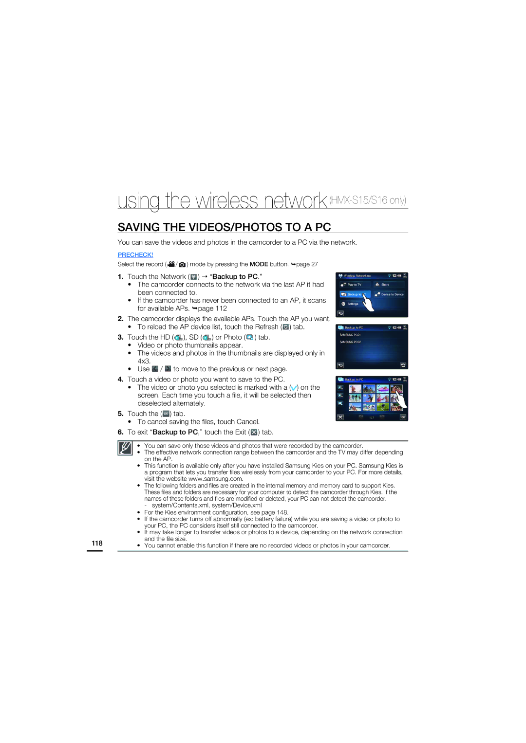 Samsung HMX-S10, HMX-S16 user manual Using the wireless network HMX-S15/S16 only, Saving the VIDEOS/PHOTOS to a PC 