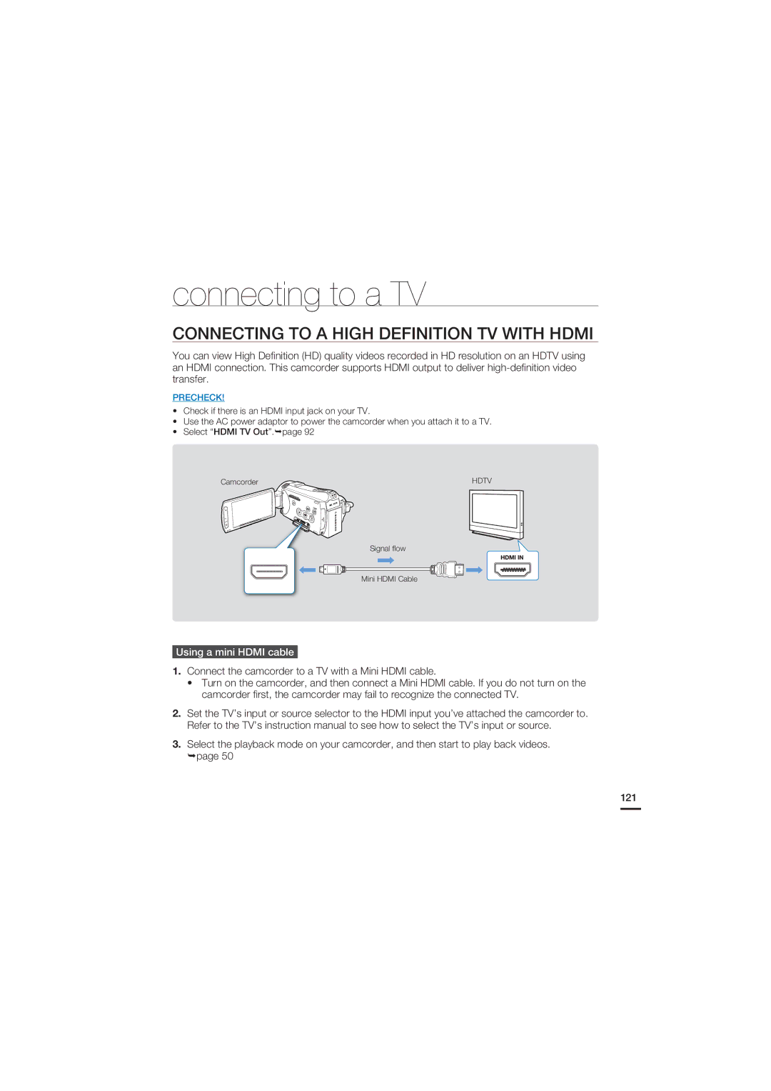 Samsung HMX-S15, HMX-S10, HMX-S16 Connecting to a TV, Connecting to a High Definition TV with Hdmi, Using a mini Hdmi cable 