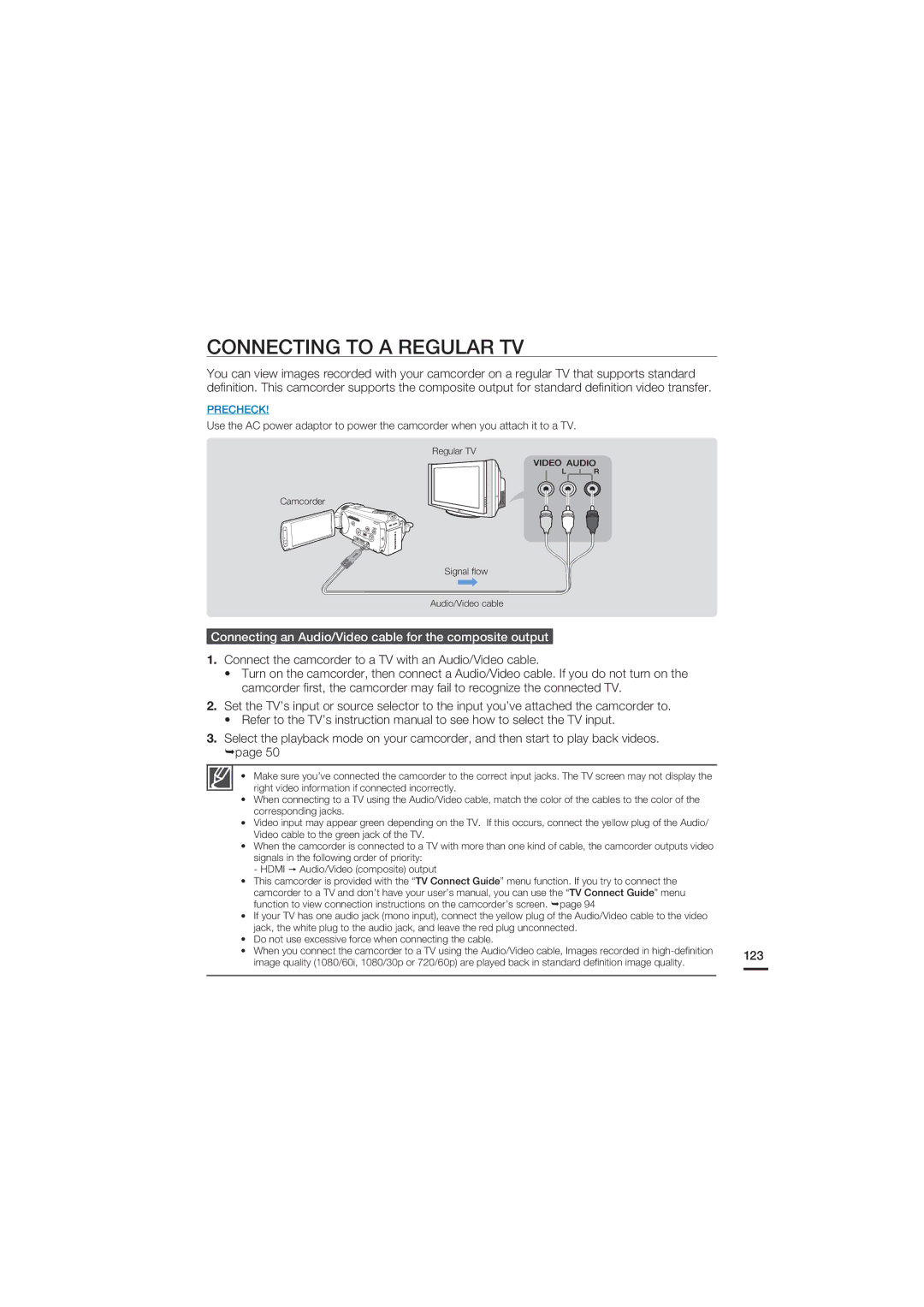 Samsung HMX-S16, HMX-S10, HMX-S15 Connecting to a Regular TV, Connecting an Audio/Video cable for the composite output, 123 