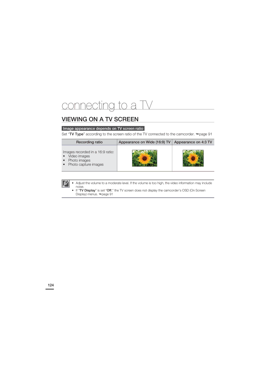 Samsung HMX-S15, HMX-S10, HMX-S16 user manual Viewing on a TV Screen, Image appearance depends on TV screen ratio, 124 