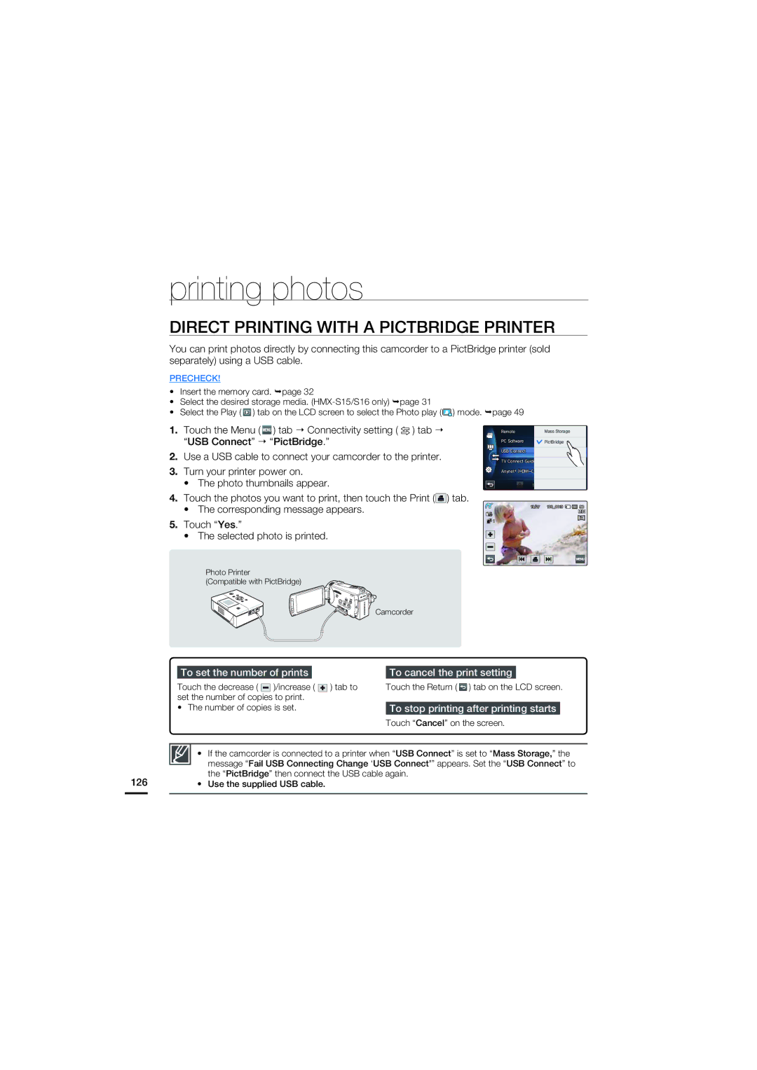 Samsung HMX-S16 Printing photos, Direct Printing with a Pictbridge Printer, To stop printing after printing starts 