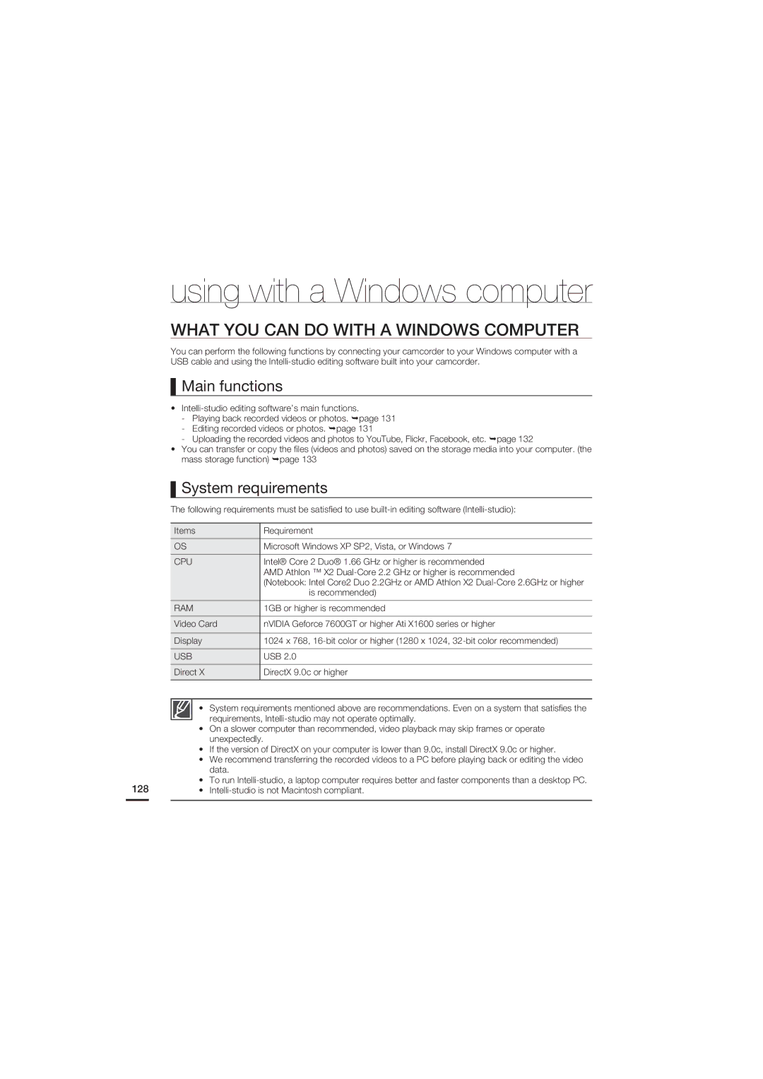 Samsung HMX-S10, HMX-S16, HMX-S15 user manual What YOU can do with a Windows Computer, Main functions, System requirements 