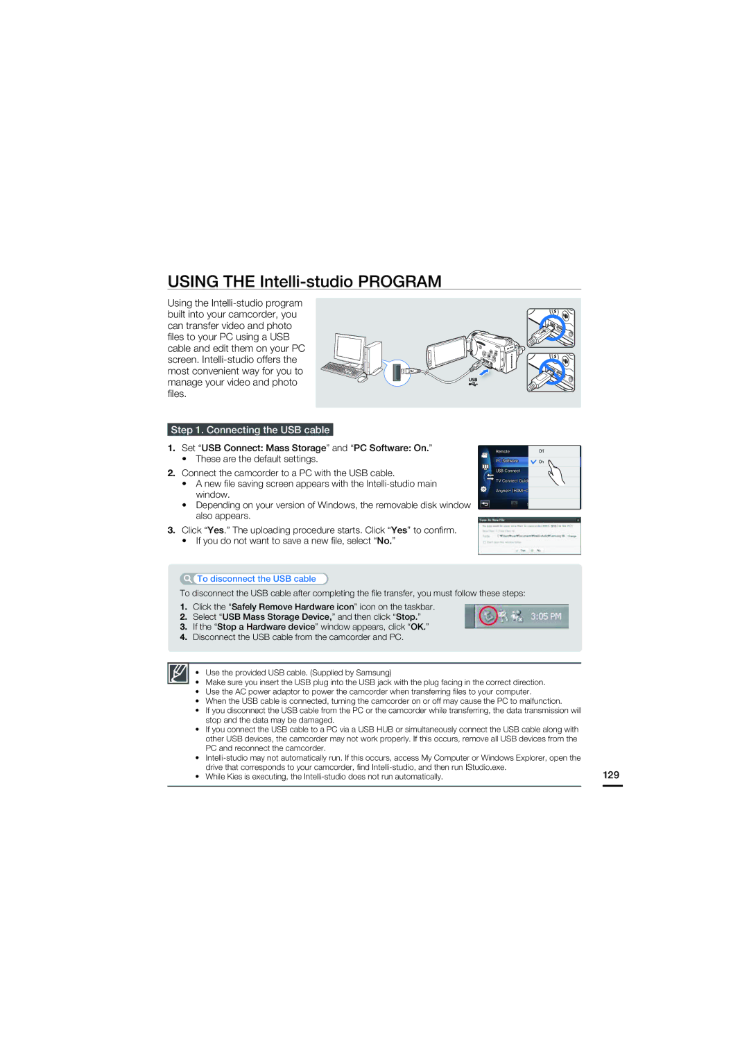 Samsung HMX-S16, HMX-S10, HMX-S15 user manual Using the Intelli-studio Program, Connecting the USB cable 