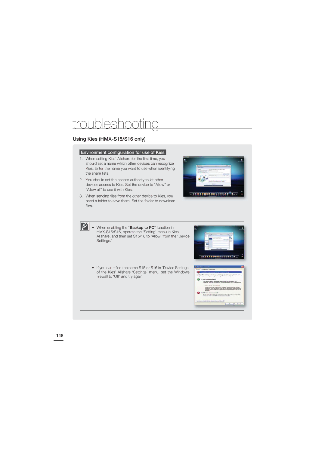 Samsung HMX-S15, HMX-S10, HMX-S16 user manual Environment conﬁguration for use of Kies, 148 