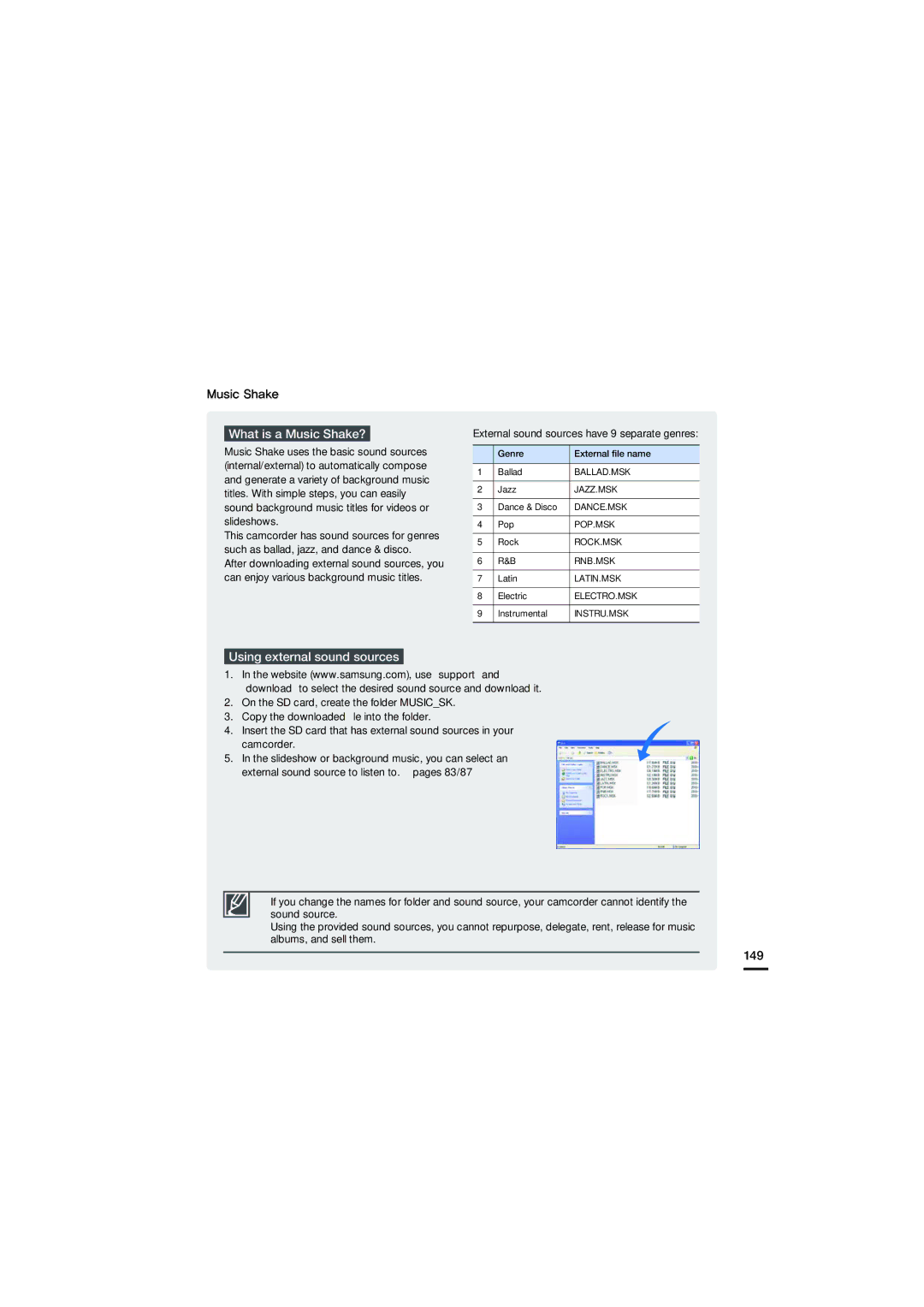 Samsung HMX-S10 What is a Music Shake?, Using external sound sources, 149, External sound sources have 9 separate genres 