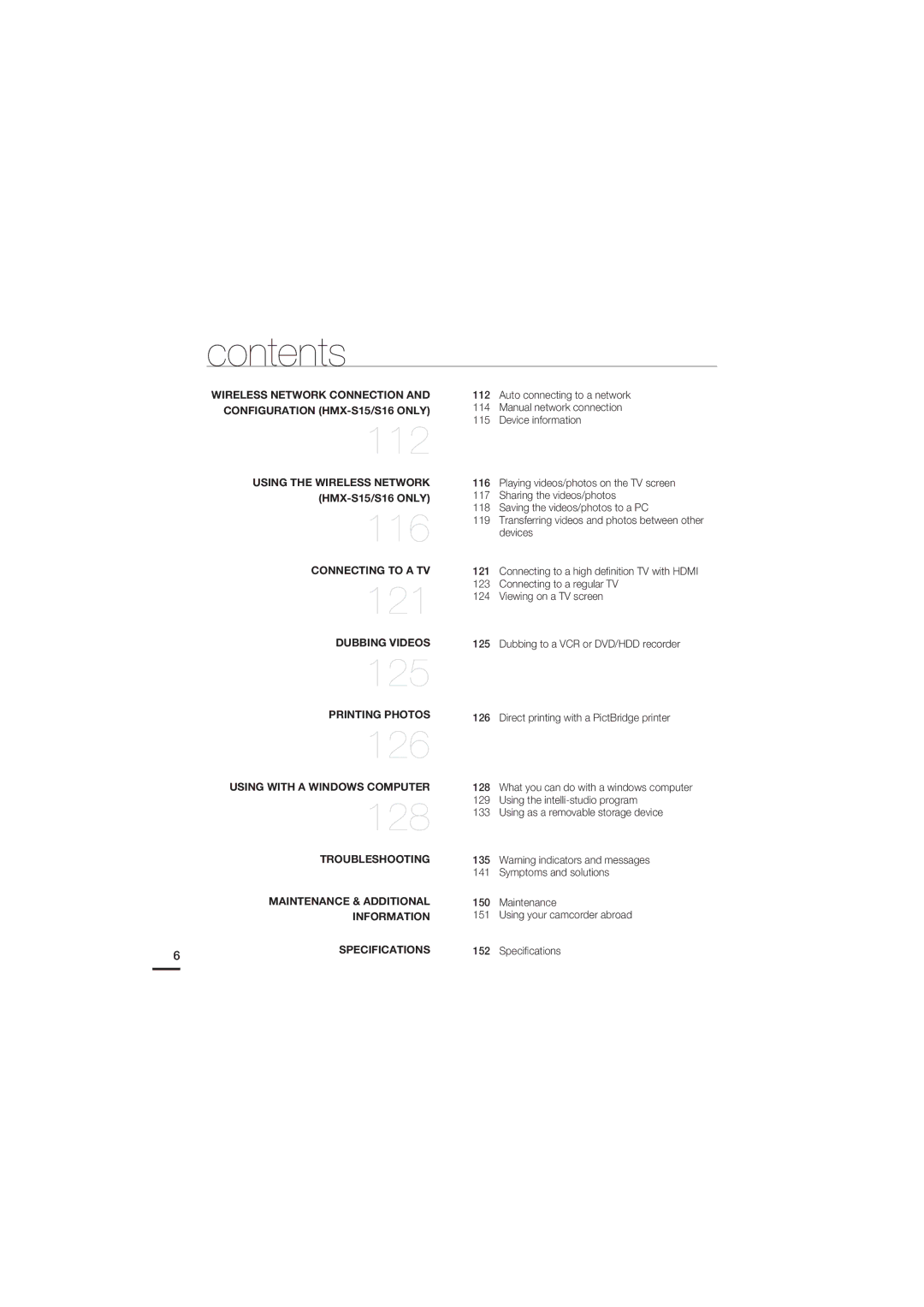 Samsung HMX-S16, HMX-S10, HMX-S15 user manual 112, Manual network connection 115 Device information 