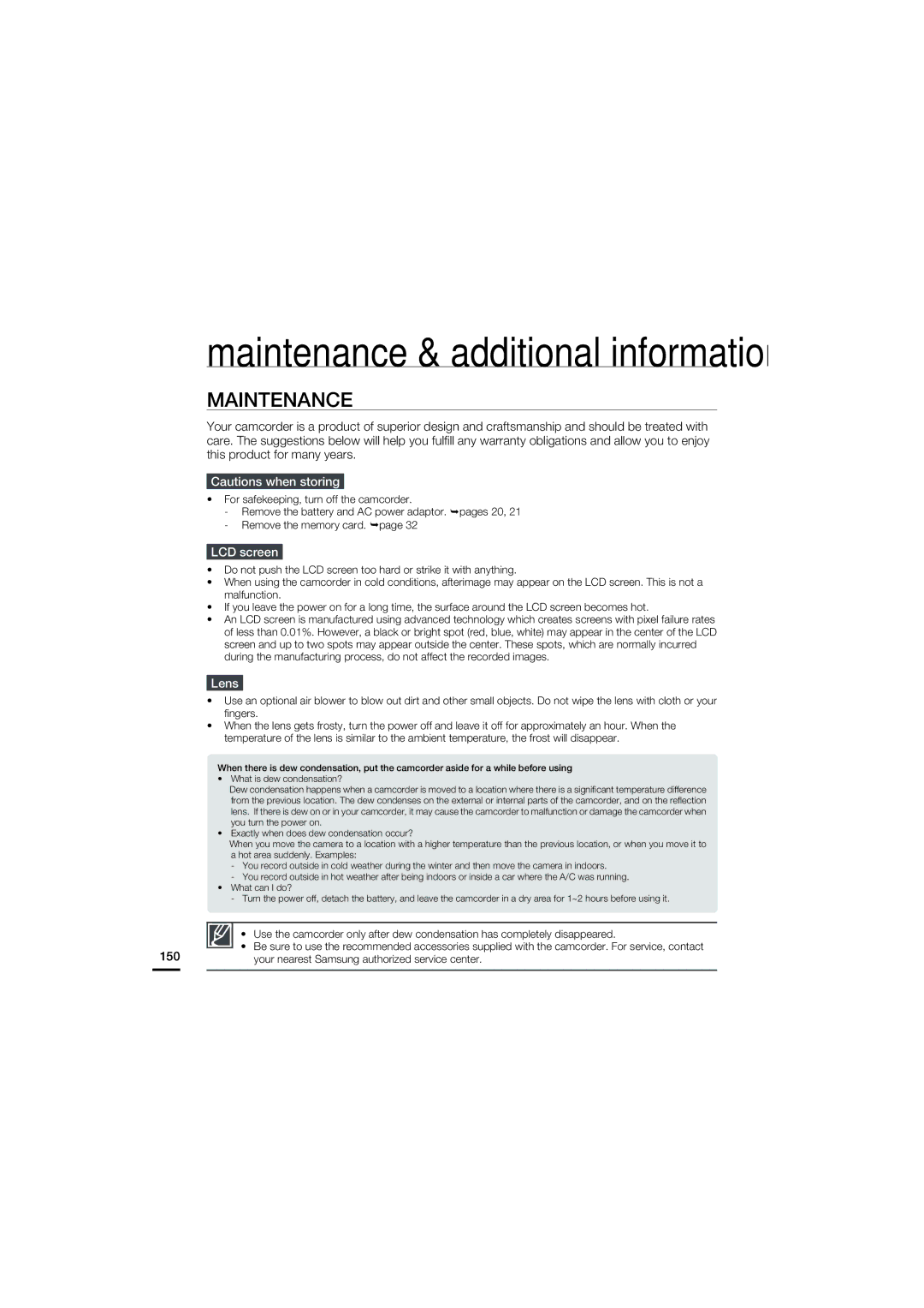 Samsung HMX-S16, HMX-S10, HMX-S15 user manual Maintenance, LCD screen, Lens 