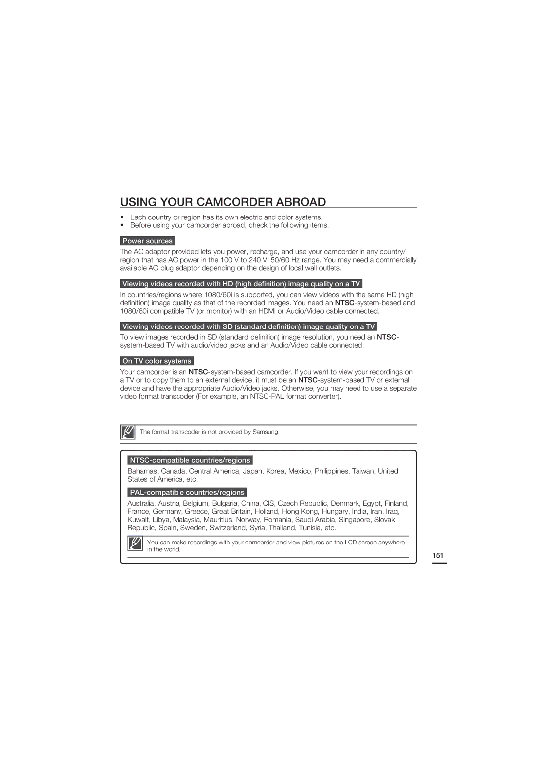 Samsung HMX-S15 Using Your Camcorder Abroad, Power sources, On TV color systems, NTSC-compatible countries/regions 