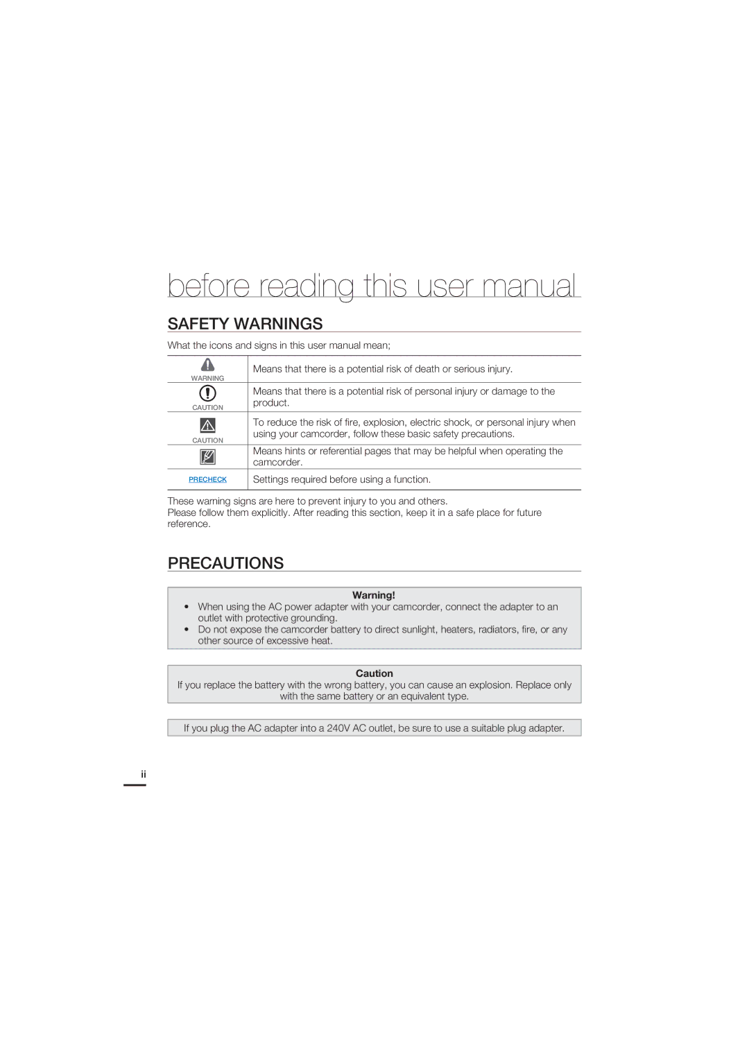 Samsung HMX-S15, HMX-S10, HMX-S16 Safety Warnings, Precautions, Product, Settings required before using a function 