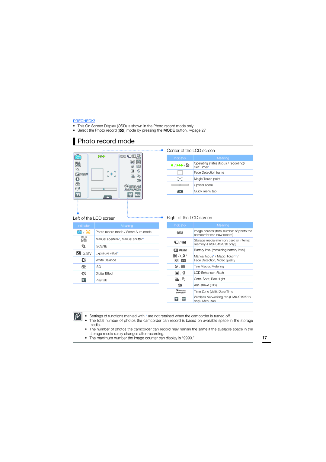 Samsung HMX-S10, HMX-S16, HMX-S15 user manual Photo record mode 