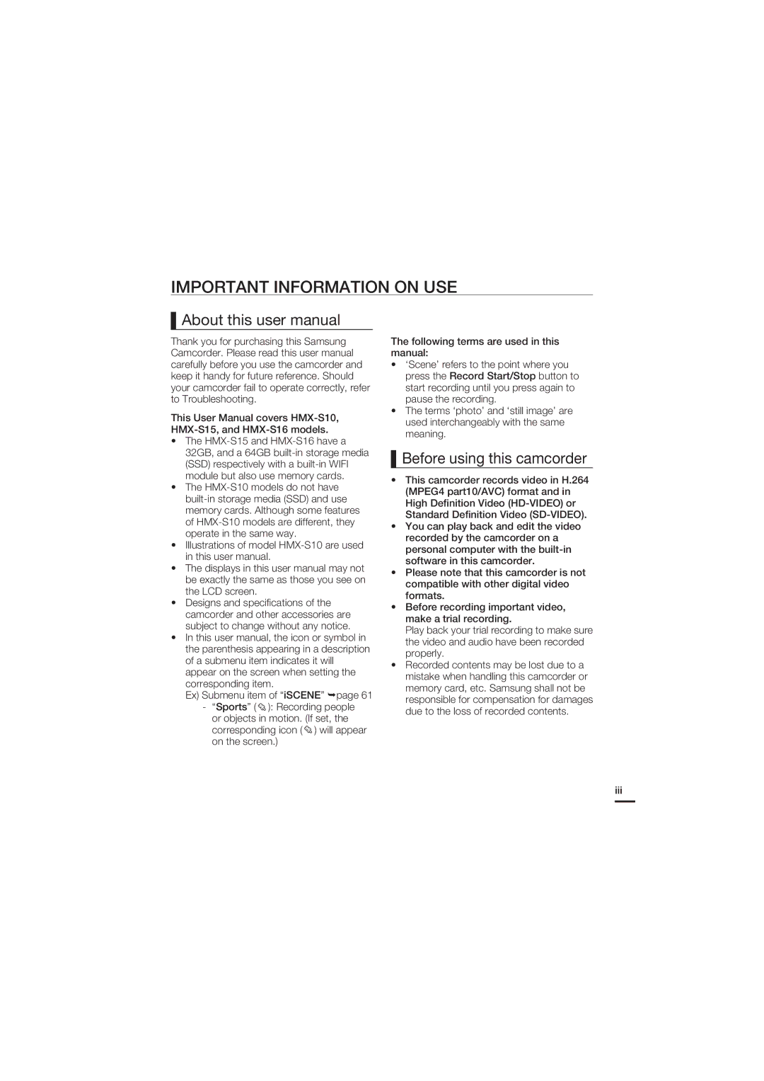 Samsung HMX-S10, HMX-S16, HMX-S15 user manual Important Information on USE, Before using this camcorder, Iii 