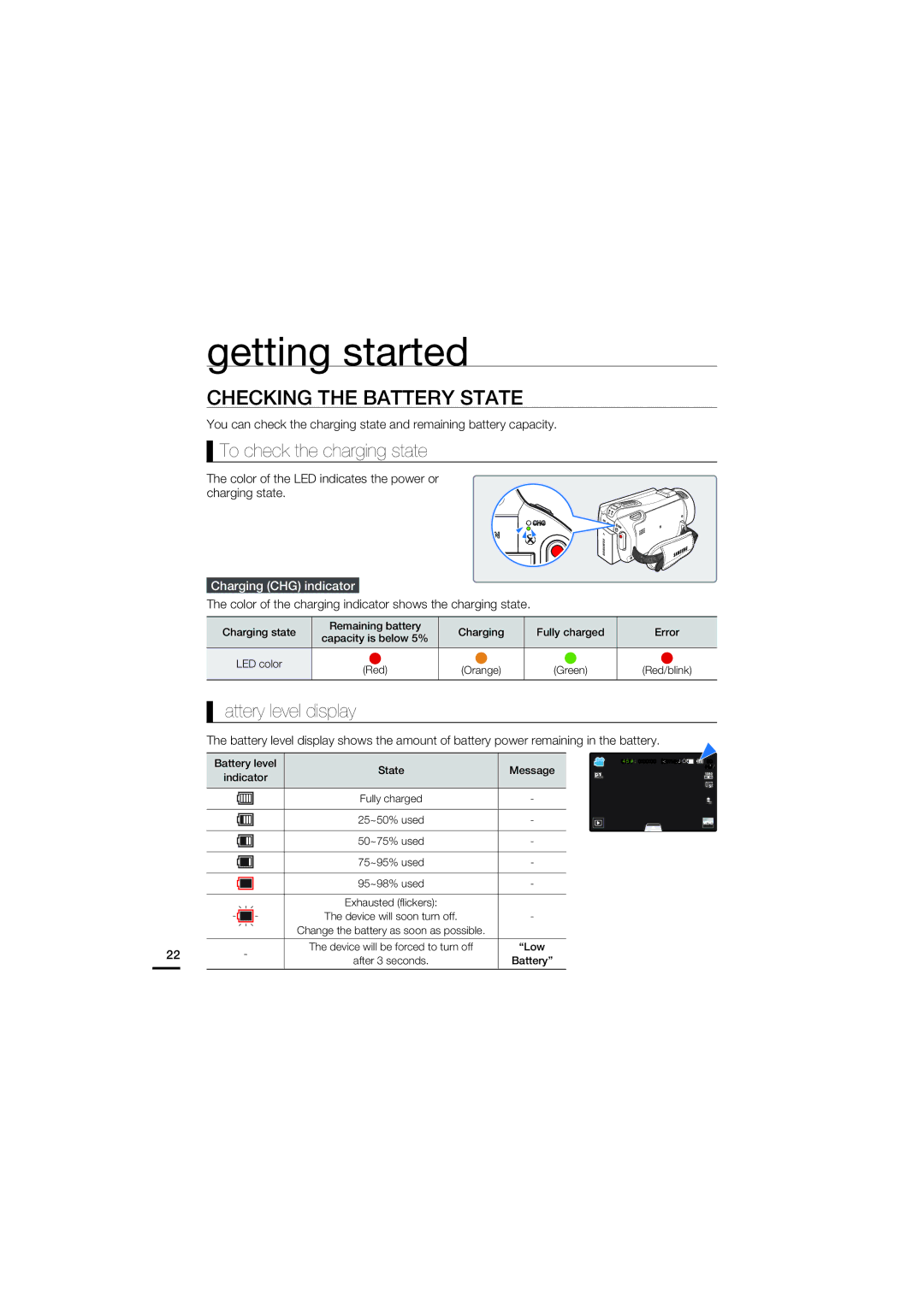 Samsung HMX-S15 Checking the Battery State, To check the charging state, Battery level display, Charging CHG indicator 