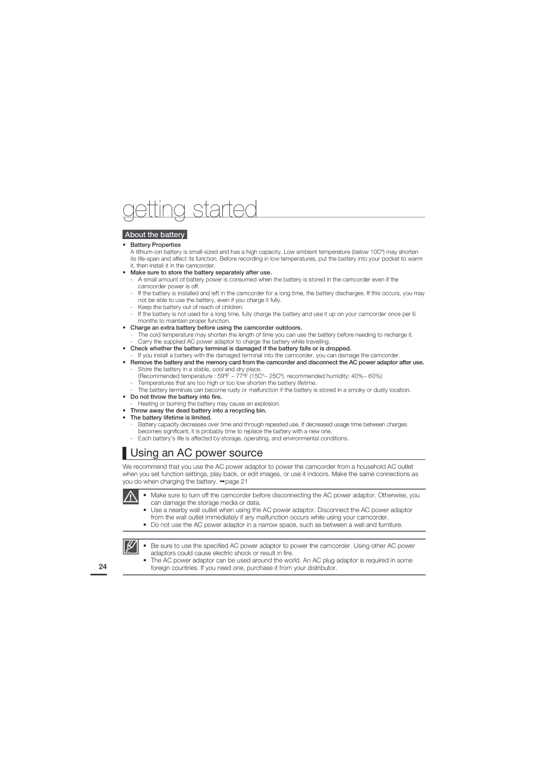 Samsung HMX-S16, HMX-S10, HMX-S15 user manual Using an AC power source, About the battery 