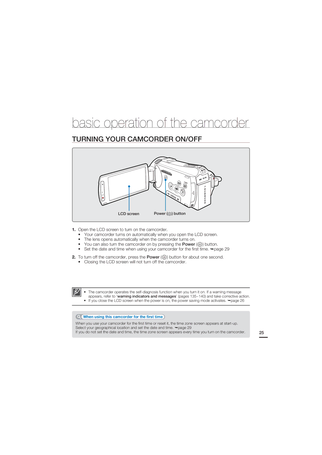 Samsung HMX-S15, HMX-S10, HMX-S16 user manual Basic operation of the camcorder, Turning Your Camcorder ON/OFF 