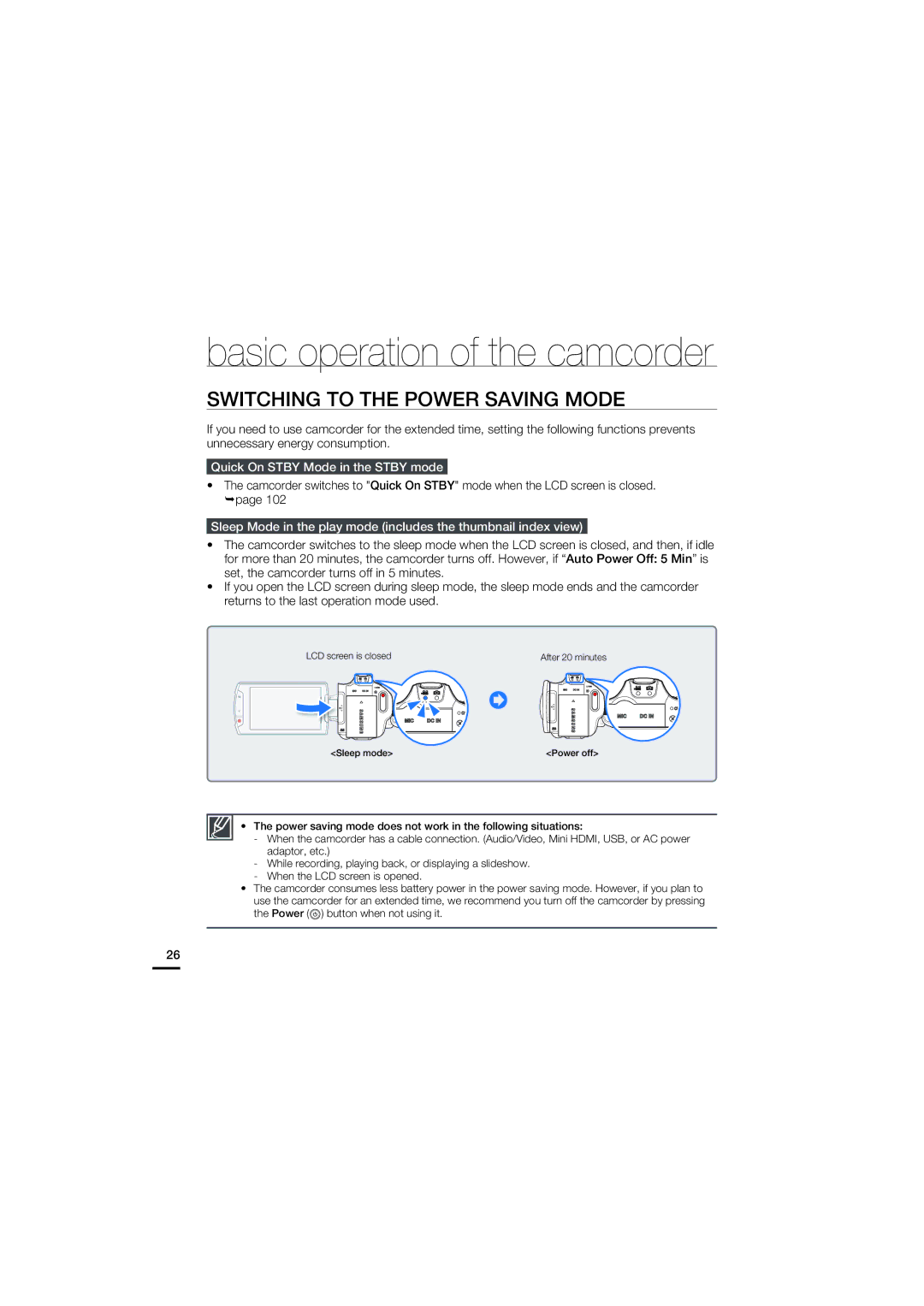 Samsung HMX-S10, HMX-S16, HMX-S15 user manual Switching to the Power Saving Mode, Quick On Stby Mode in the Stby mode 