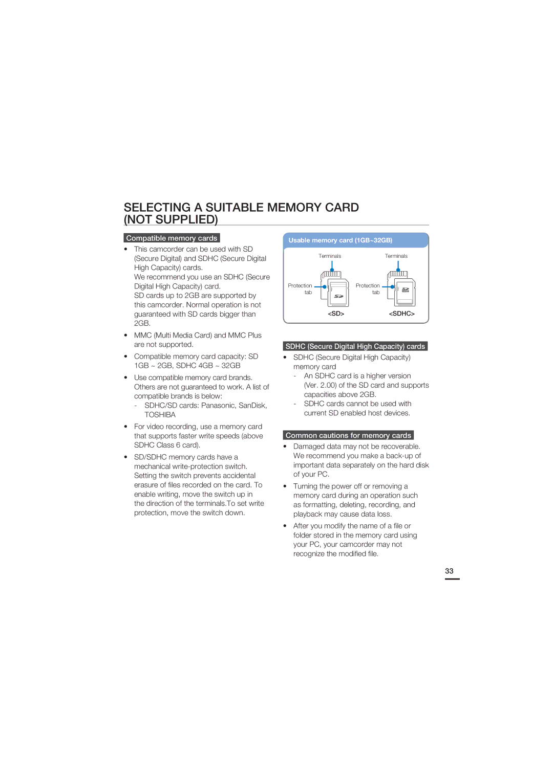 Samsung HMX-S16 Selecting a Suitable Memory Card not Supplied, Compatible memory cards, Common cautions for memory cards 