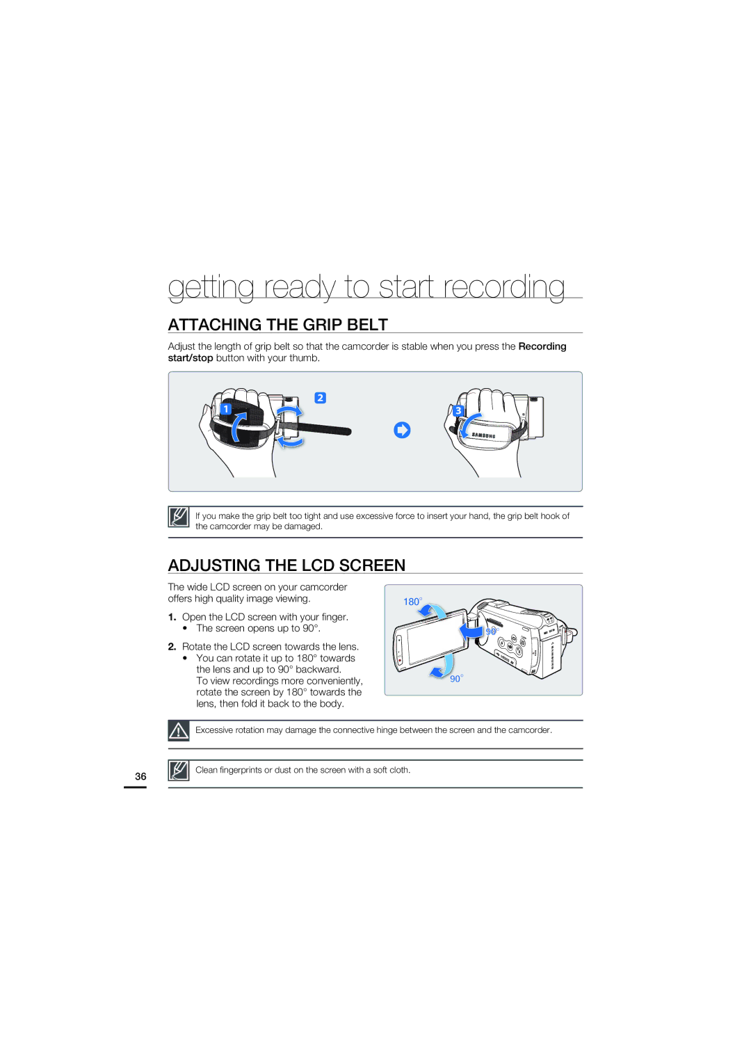 Samsung HMX-S16, HMX-S10, HMX-S15 user manual Attaching the Grip Belt, Adjusting the LCD Screen 