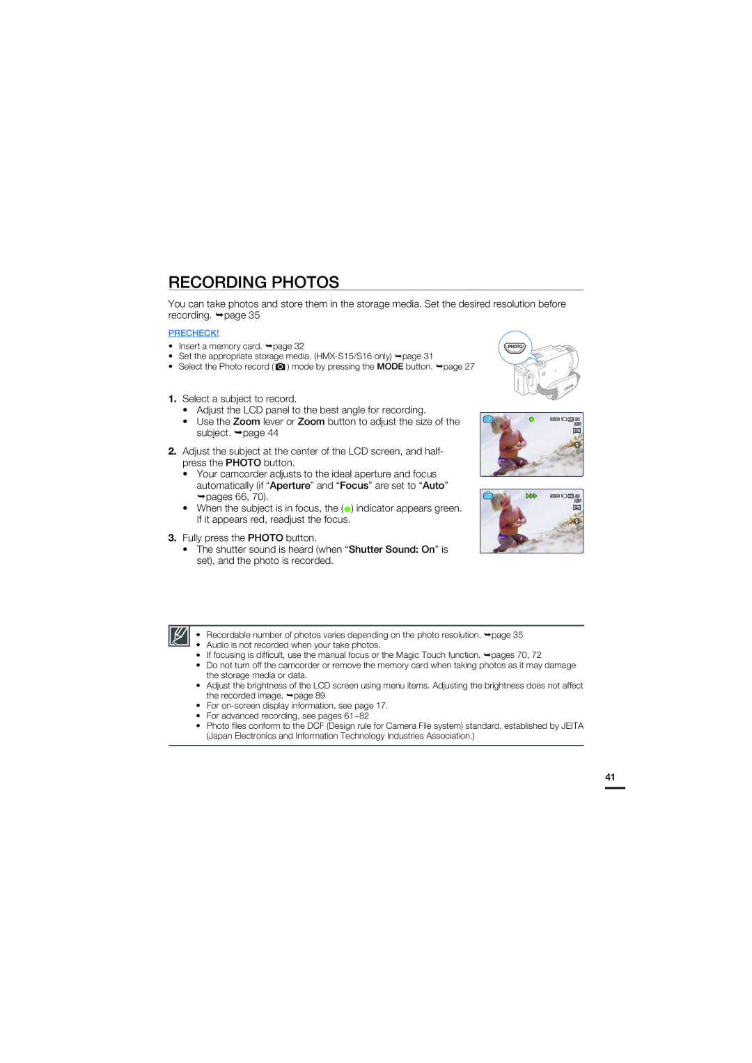 Samsung HMX-S10, HMX-S16, HMX-S15 user manual Recording Photos 