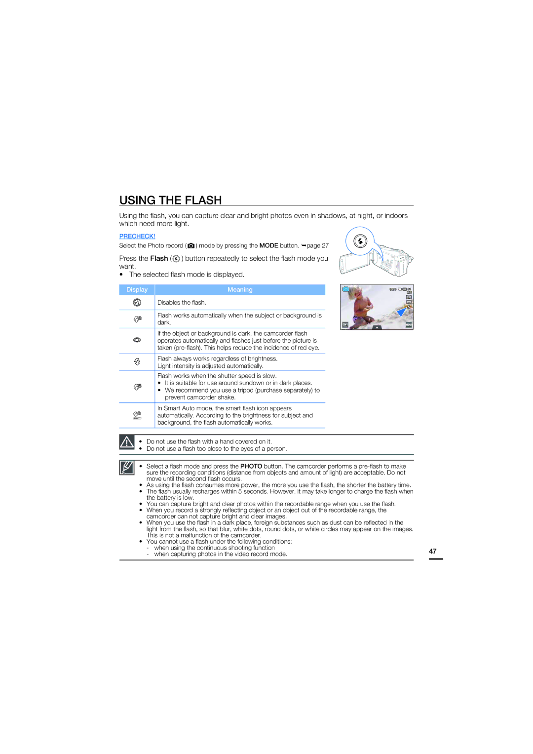 Samsung HMX-S10, HMX-S16, HMX-S15 user manual Using the Flash, Display Meaning 