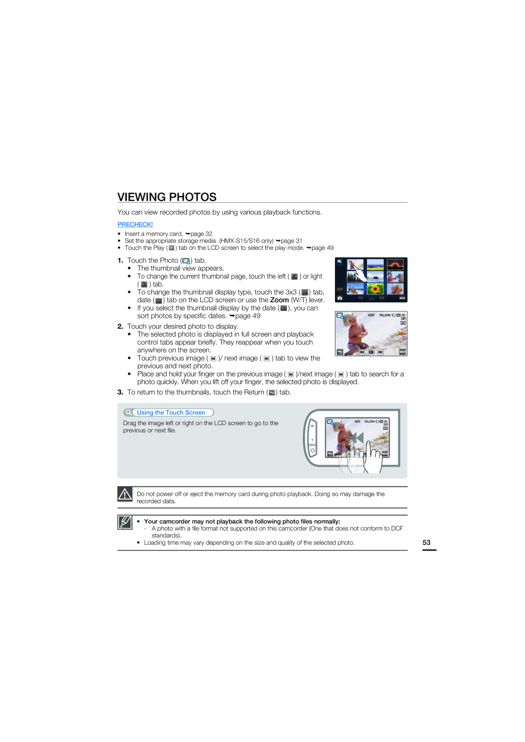 Samsung HMX-S10 Viewing Photos, Touch your desired photo to display, To return to the thumbnails, touch the Return tab 