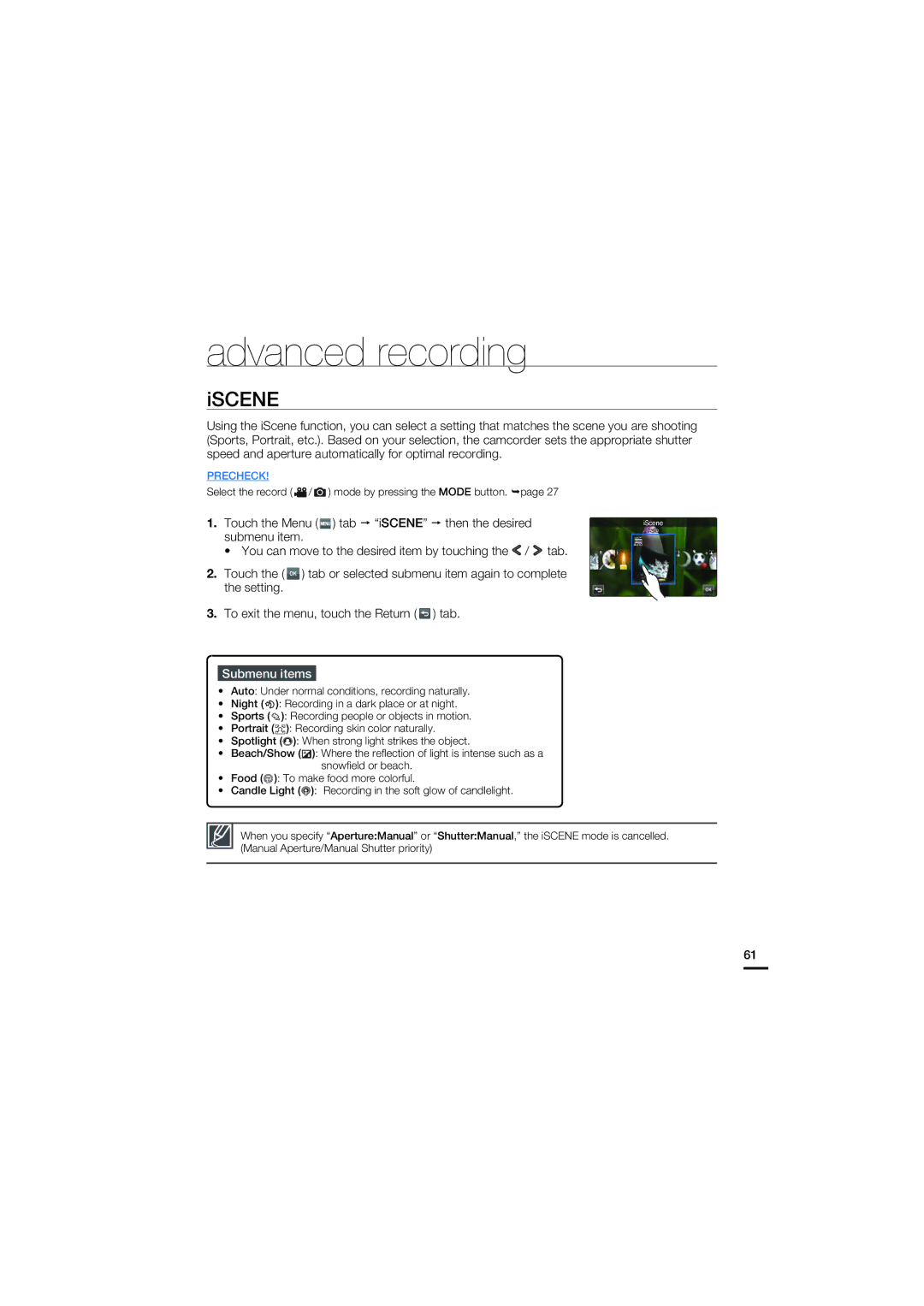 Samsung HMX-S15, HMX-S10, HMX-S16 user manual Advanced recording, Iscene 