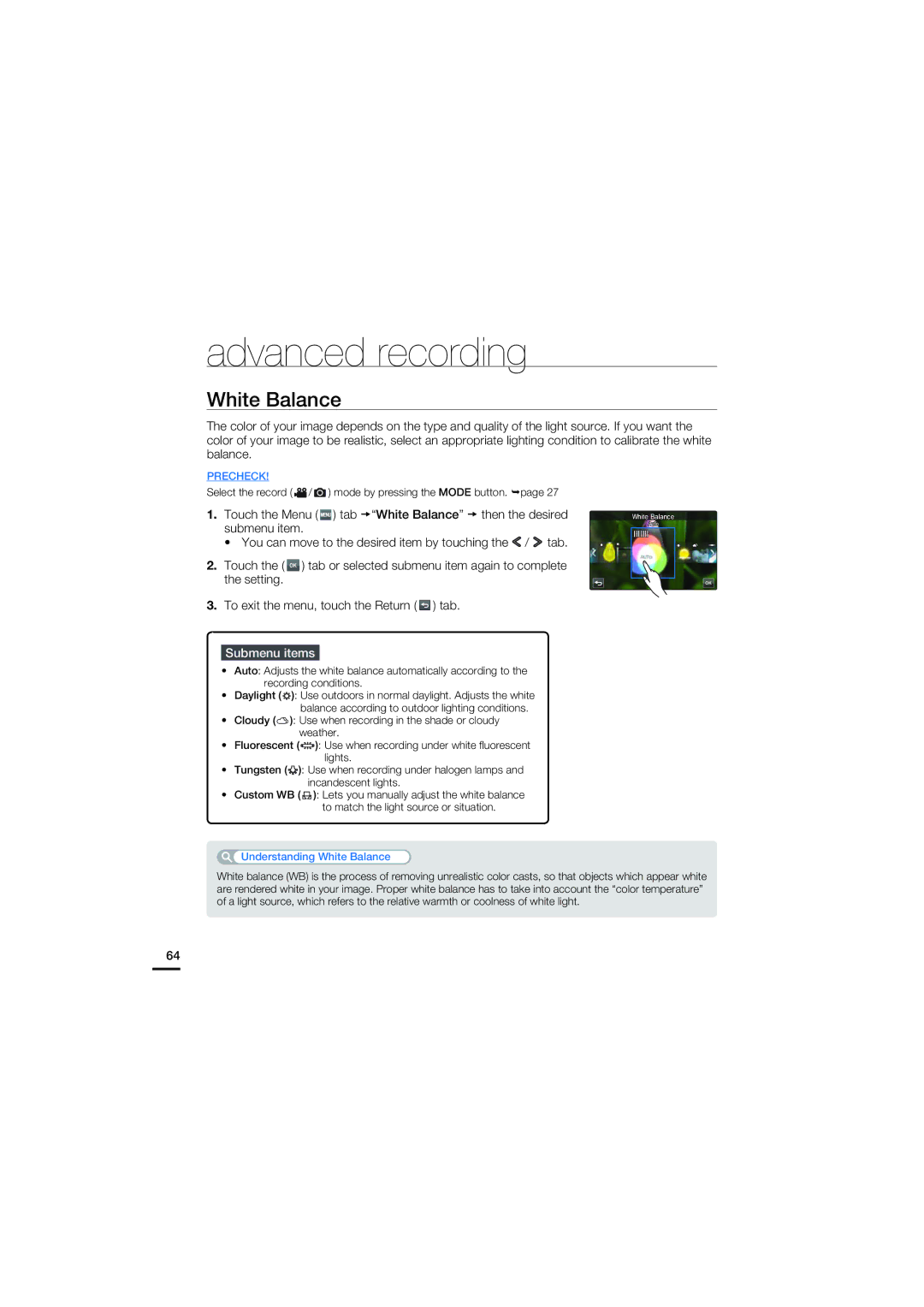 Samsung HMX-S15, HMX-S10, HMX-S16 user manual White Balance 