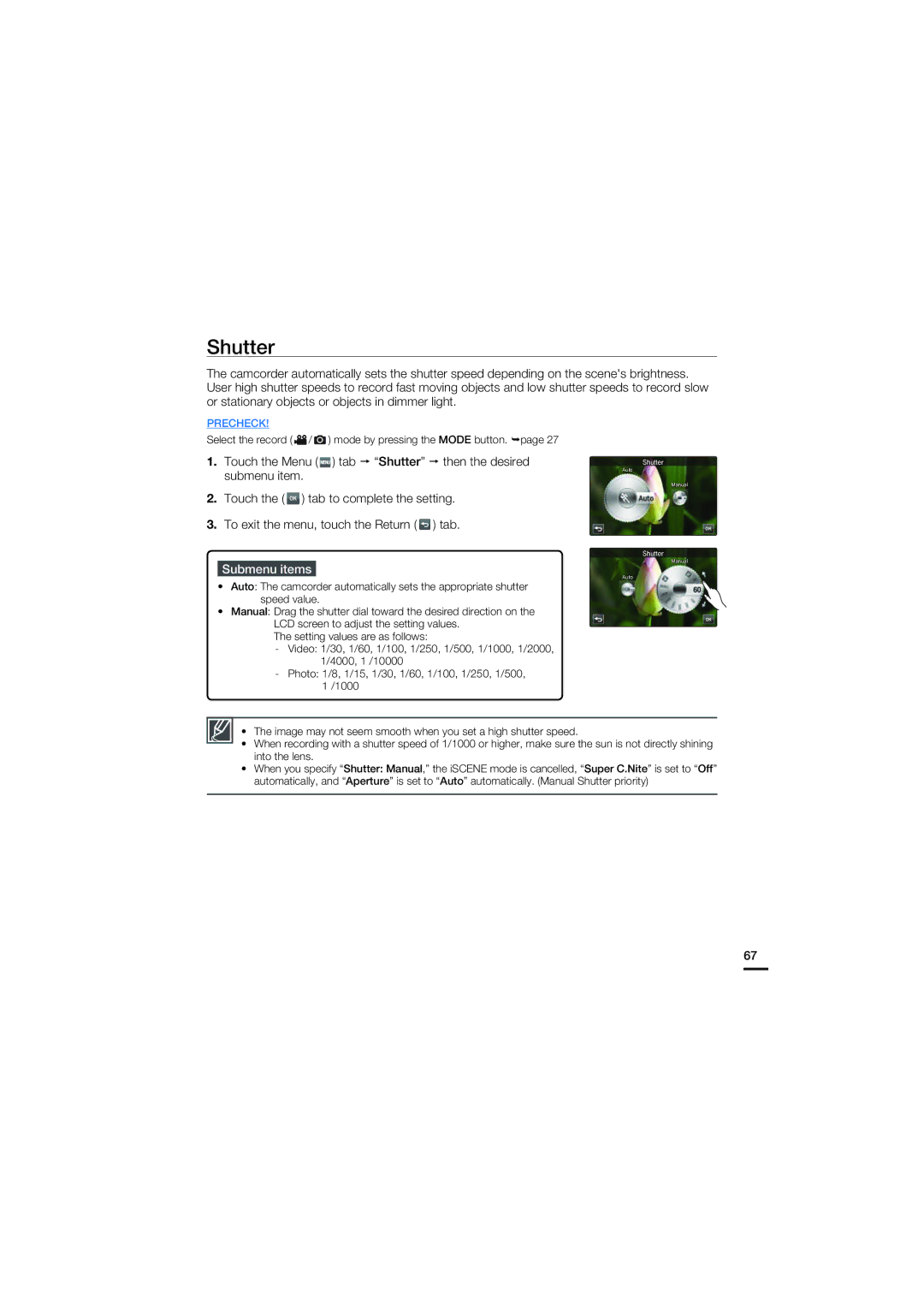 Samsung HMX-S15, HMX-S10, HMX-S16 user manual Touch the Menu tab Shutter then the desired submenu item 