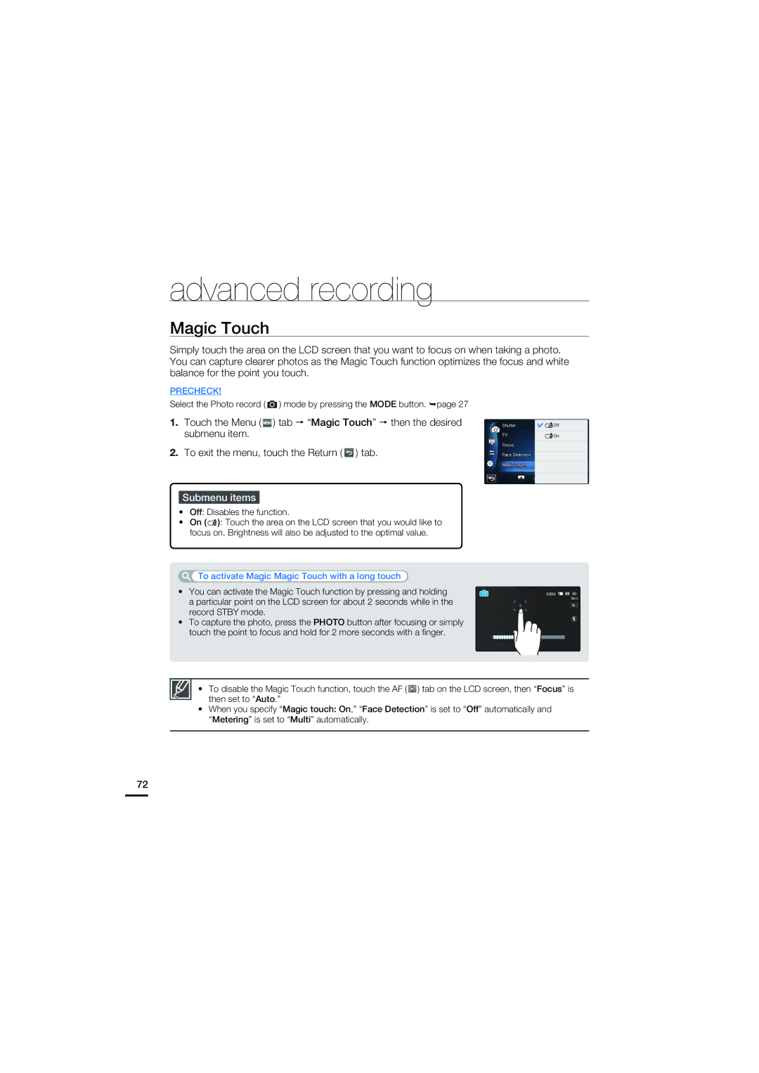 Samsung HMX-S16, HMX-S10, HMX-S15 user manual Magic Touch, Off Disables the function 