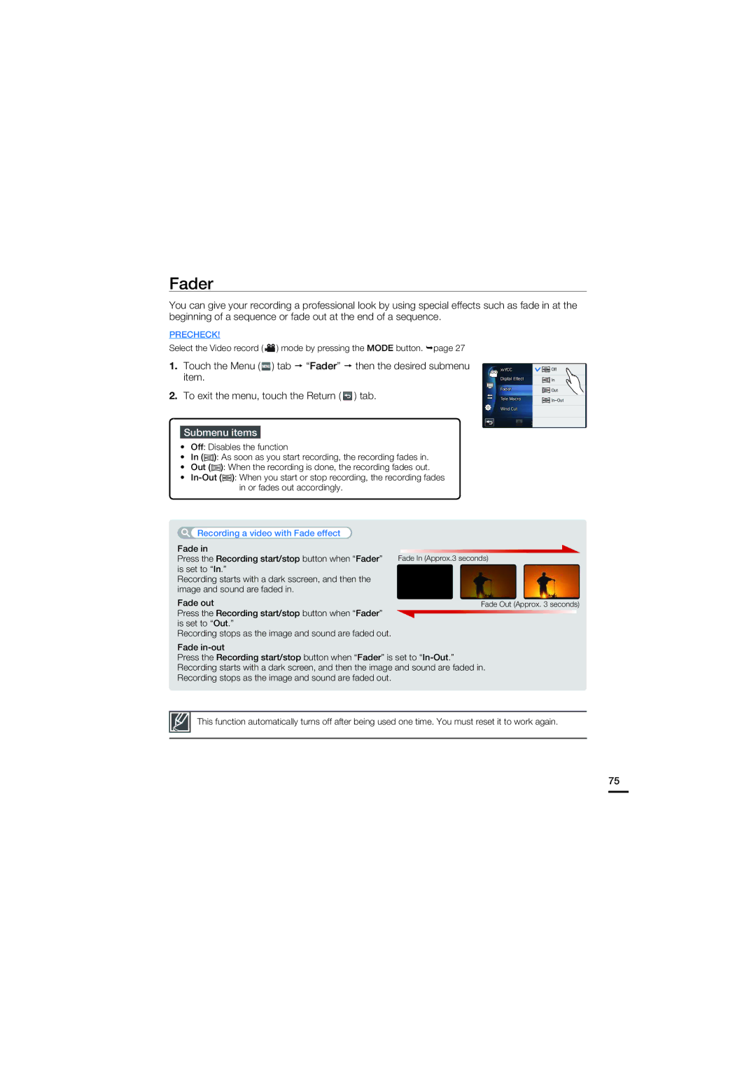 Samsung HMX-S16, HMX-S10, HMX-S15 user manual Fader 