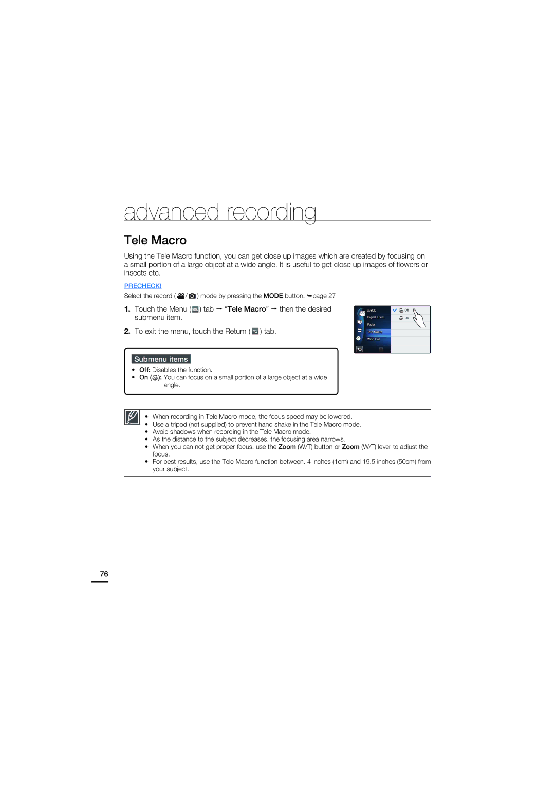 Samsung HMX-S15, HMX-S10, HMX-S16 user manual Tele Macro 