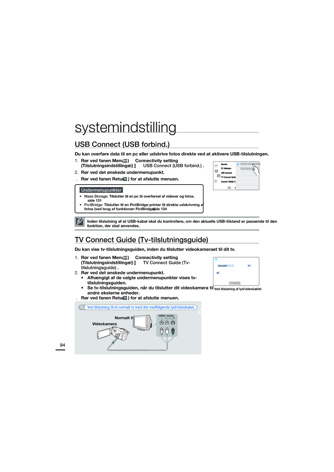 Samsung HMX-S10BP/EDC manual USB Connect USB forbind, TV Connect Guide Tv-tilslutningsguide, Normalt tv Videokamera 