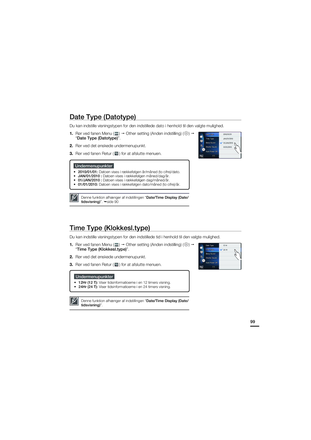 Samsung HMX-S10BP/EDC manual Date Type Datotype, Time Type Klokkesl.type 