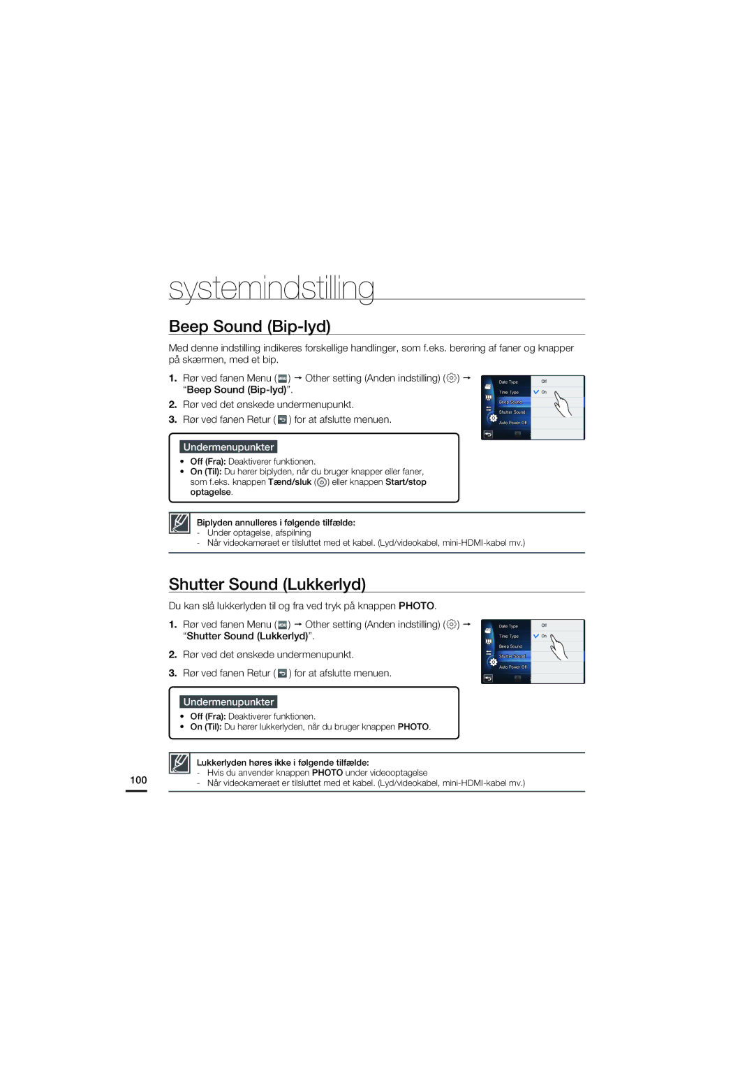 Samsung HMX-S10BP/EDC manual Beep Sound Bip-lyd, Shutter Sound Lukkerlyd 