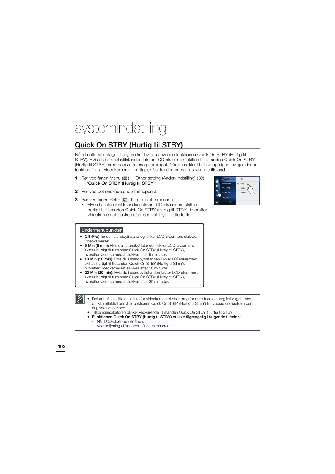 Samsung HMX-S10BP/EDC manual Quick On Stby Hurtig til Stby, 102 