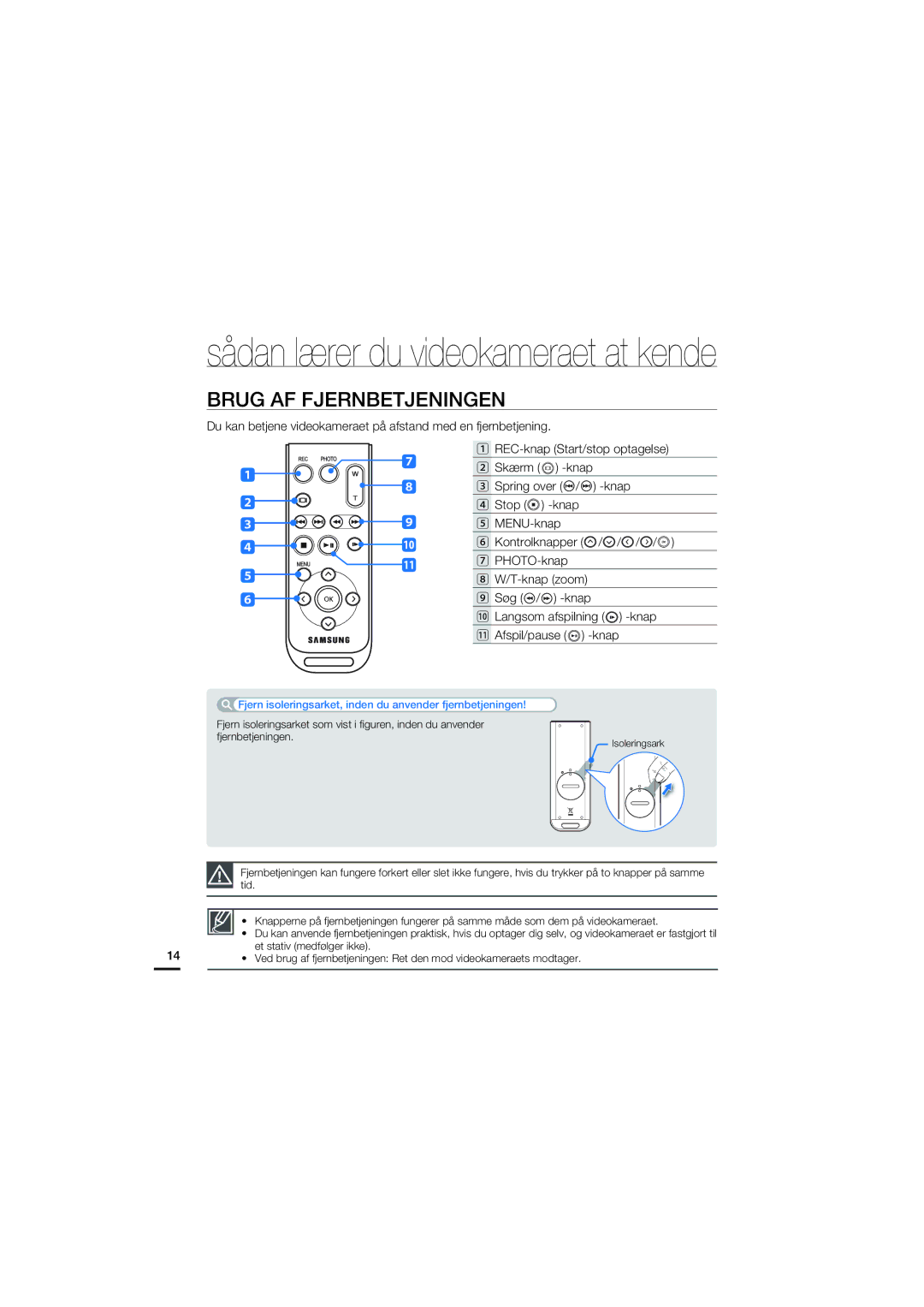 Samsung HMX-S10BP/EDC manual Brug AF Fjernbetjeningen 