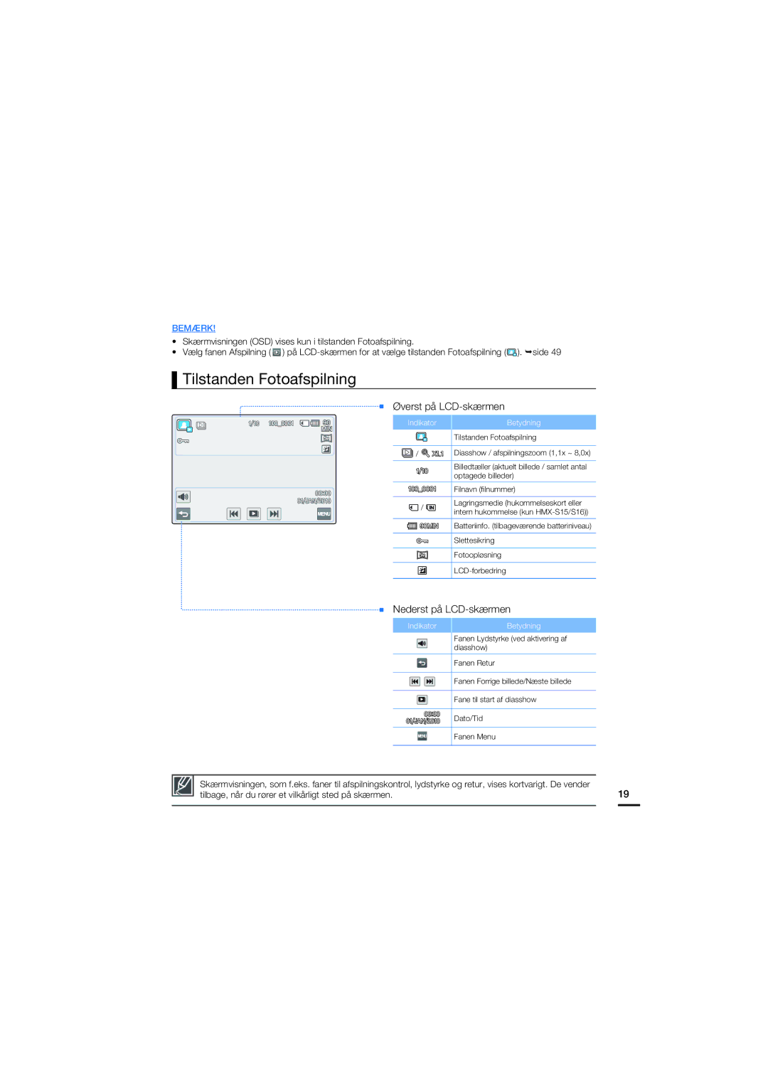 Samsung HMX-S10BP/EDC manual Tilstanden Fotoafspilning, Tilbage, når du rører et vilkårligt sted på skærmen 