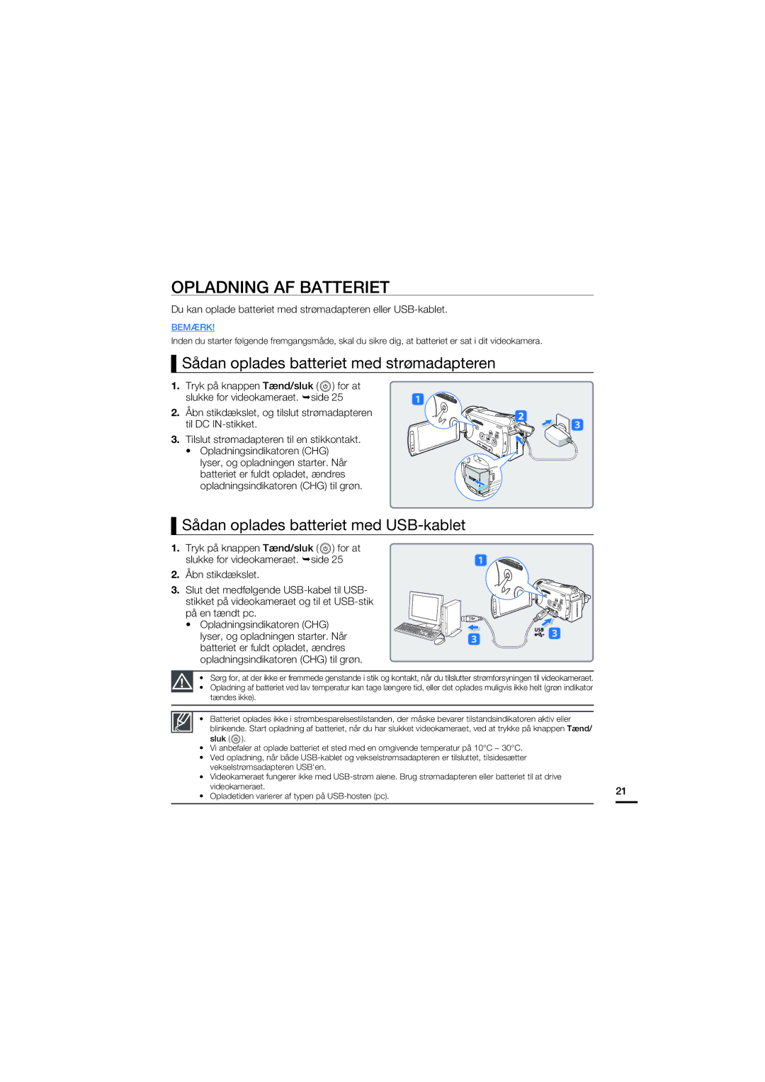 Samsung HMX-S10BP/EDC manual Opladning AF Batteriet, Sådan oplades batteriet med strømadapteren 